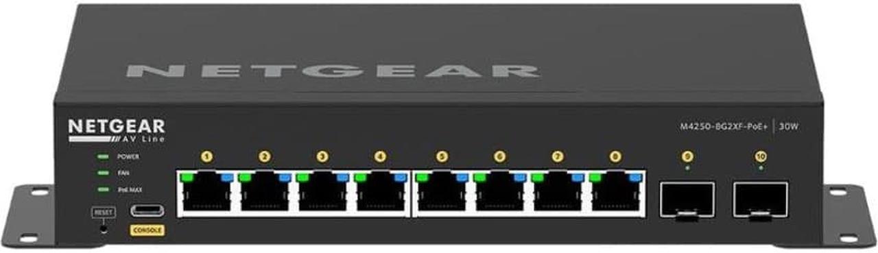 Netgear AV Line M4250 GSM4210PX Ethernet Switch - 8 Ports - Manageable - 10 Gigabit Ethernet - 10GBase-T, 10GBase-X - 3 Layer Supported - Power Adapter - 220 W PoE Budget - Optical Fiber, Twisted Pair