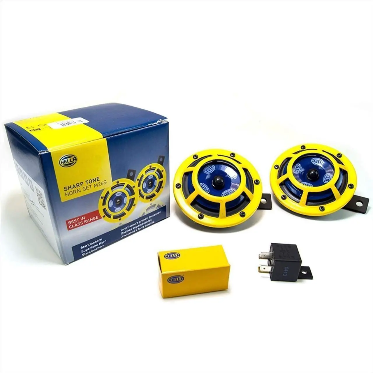 Alt view image 3 of 3 - HELLA H31000001 Sharptone 12V High Tone / Low Tone Twin Horn Kit with Yellow Protective Grill, Includes Relay, 2 Horns