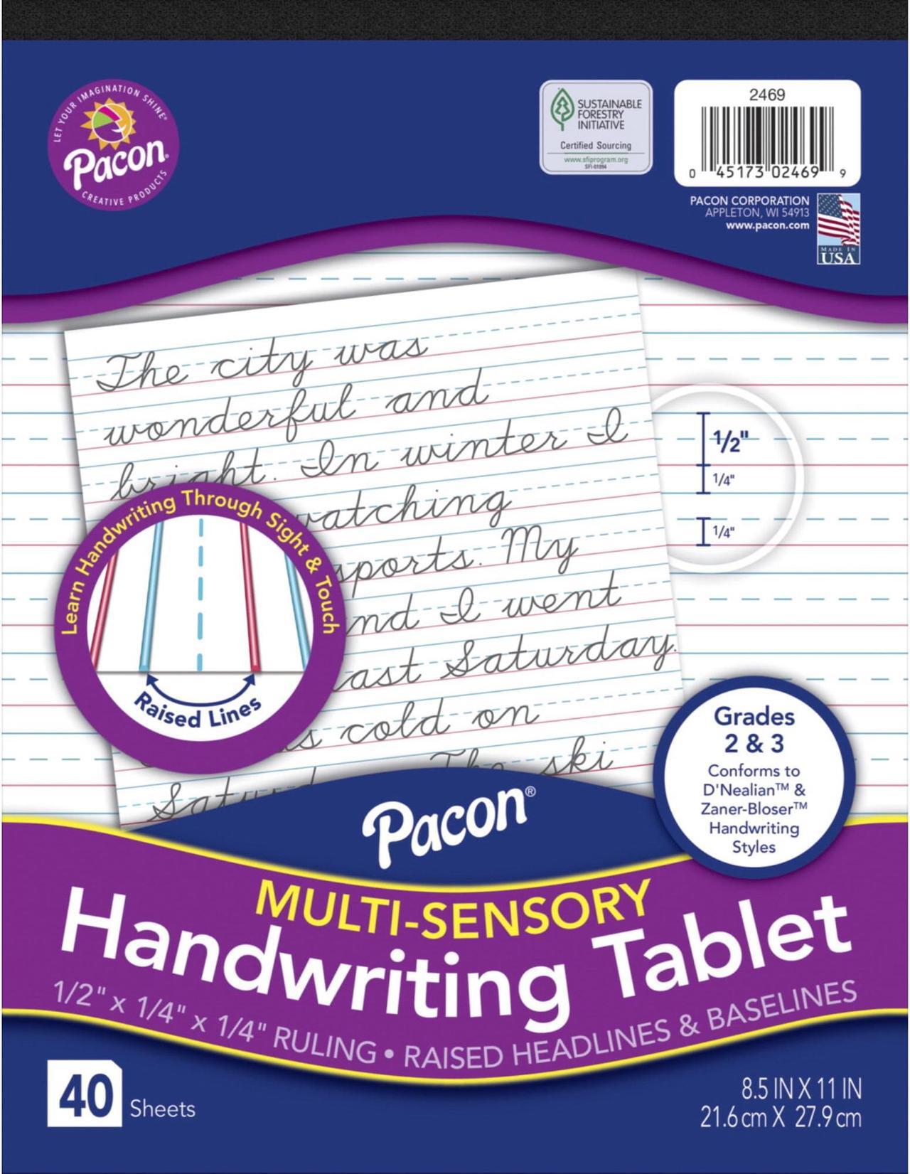 Alt view image 2 of 2 - Pacon Multi-Sensory Raised, Tape-Bound Tablet, 1/2" x 1/4" Ruled Short, 8-1/2" x 11", 40 Sheets, White