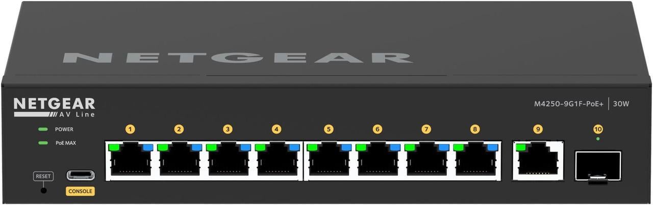 NETGEAR 8x1G PoE+ 110W 1x1G and 1xSFP Managed Switch | AV Line M4250-9G1F-PoE+, GSM4210PD