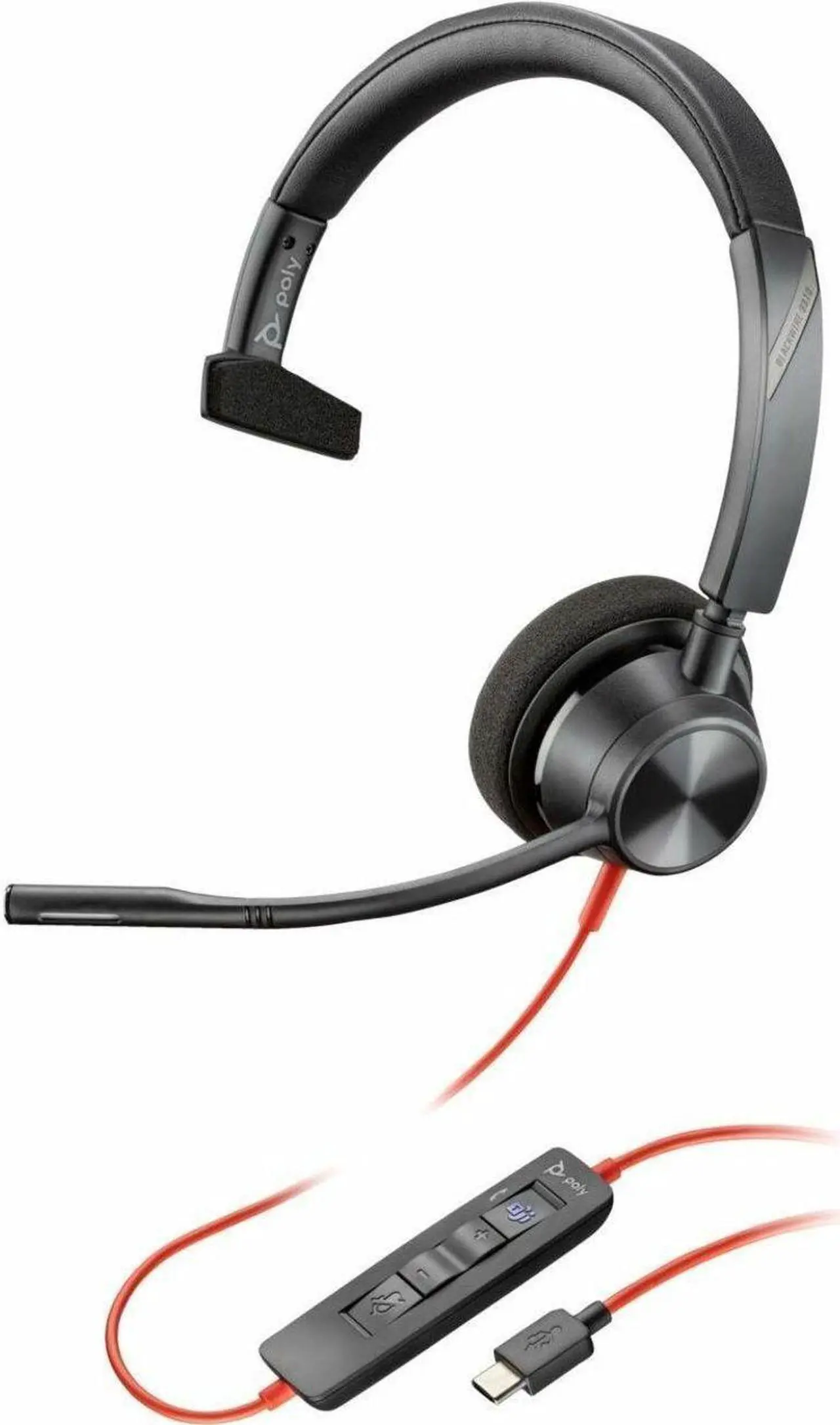 Alt view image 2 of 8 - Poly Blackwire 3310 Monaural Microsoft Teams Certified USB-C Headset +USB-C/A Adapter - Microsoft Teams Certification - Mono - USB Type C, Mini-phone (3.5mm) - Wired - 32 Ohm - On-ear - Monaural - Ear