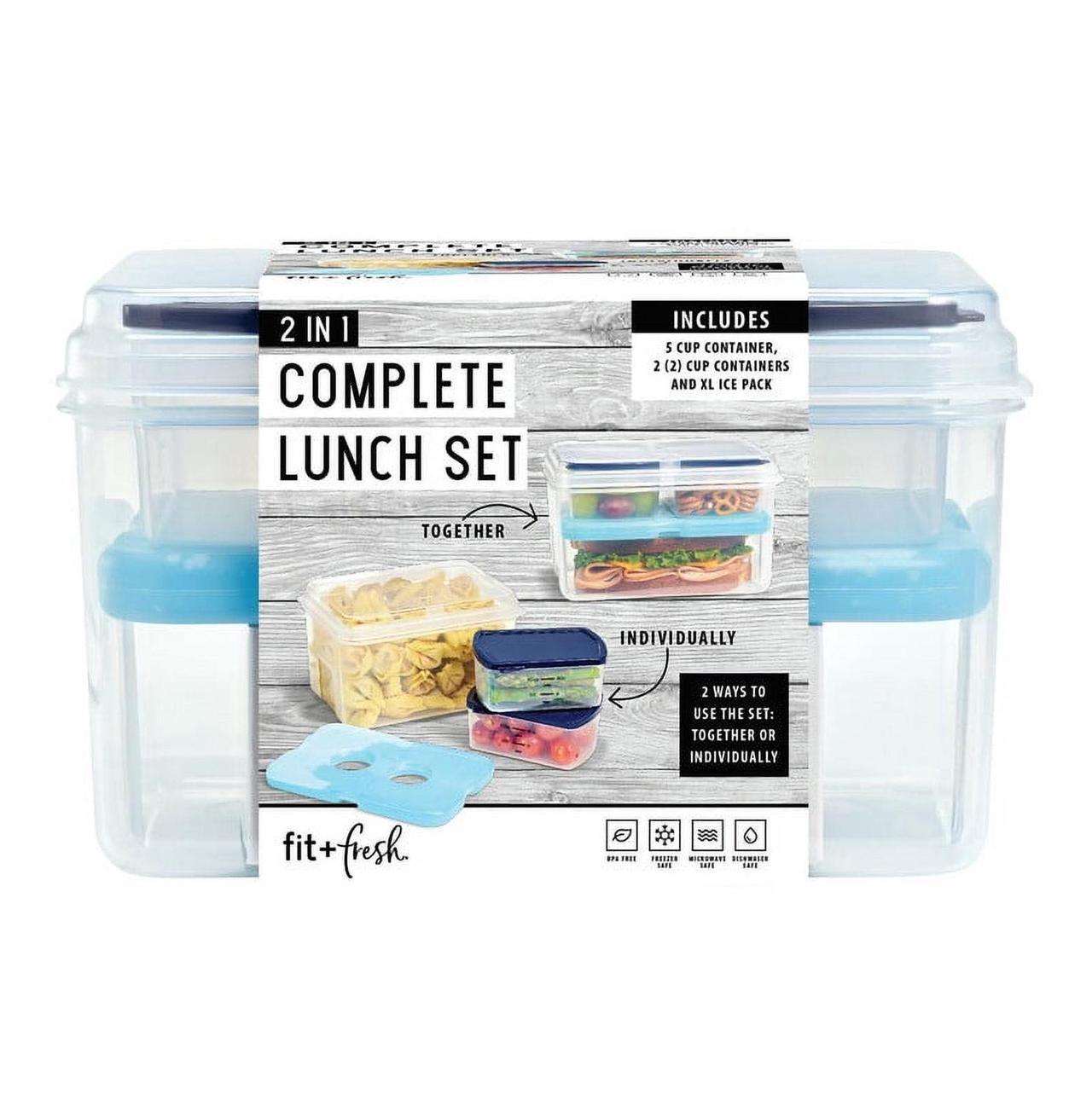 Alt view image 2 of 2 - Fit & Fresh Entree Set with Ice Pack, 3 Reusable Portion Control Containers, BPA-Free, Microwave/Dishwasher Safe Lunch Box, Entrée, Blue
