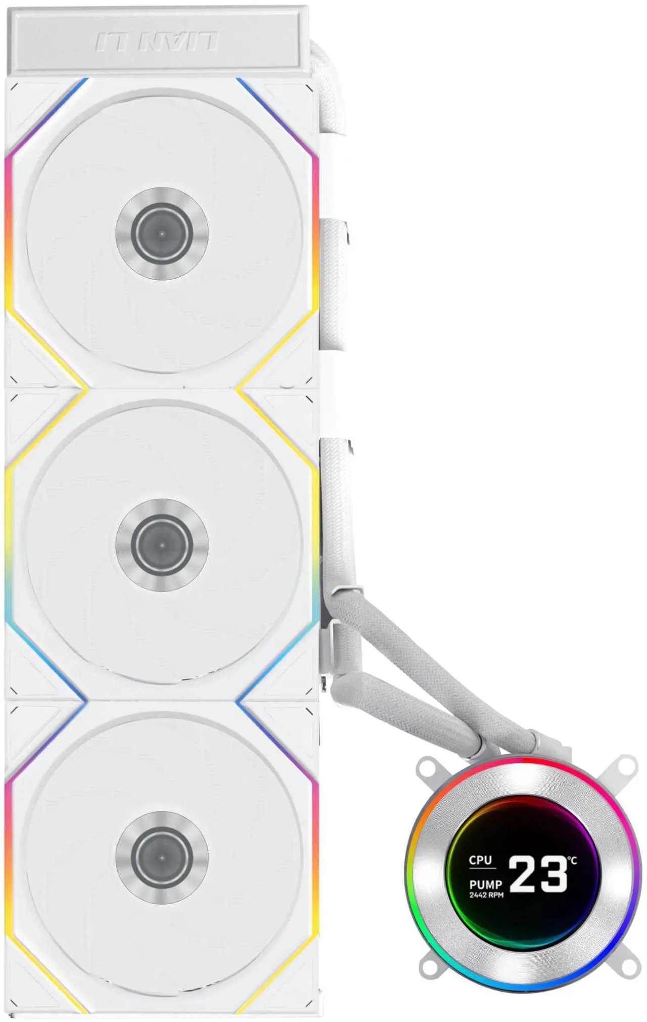 Alt view image 8 of 8 - Lian Li Hydroshift II 360 TL RGB Liquid CPU Cooler - 360mm AIO - 3X 120 RGB Fans - 2.1 IPS LCD Screen - 3 Control Mode - Flexible Tubes Clamp - LGA 1851/1700, AMD AM5/AM4 - White (HS2LCD36TW)
