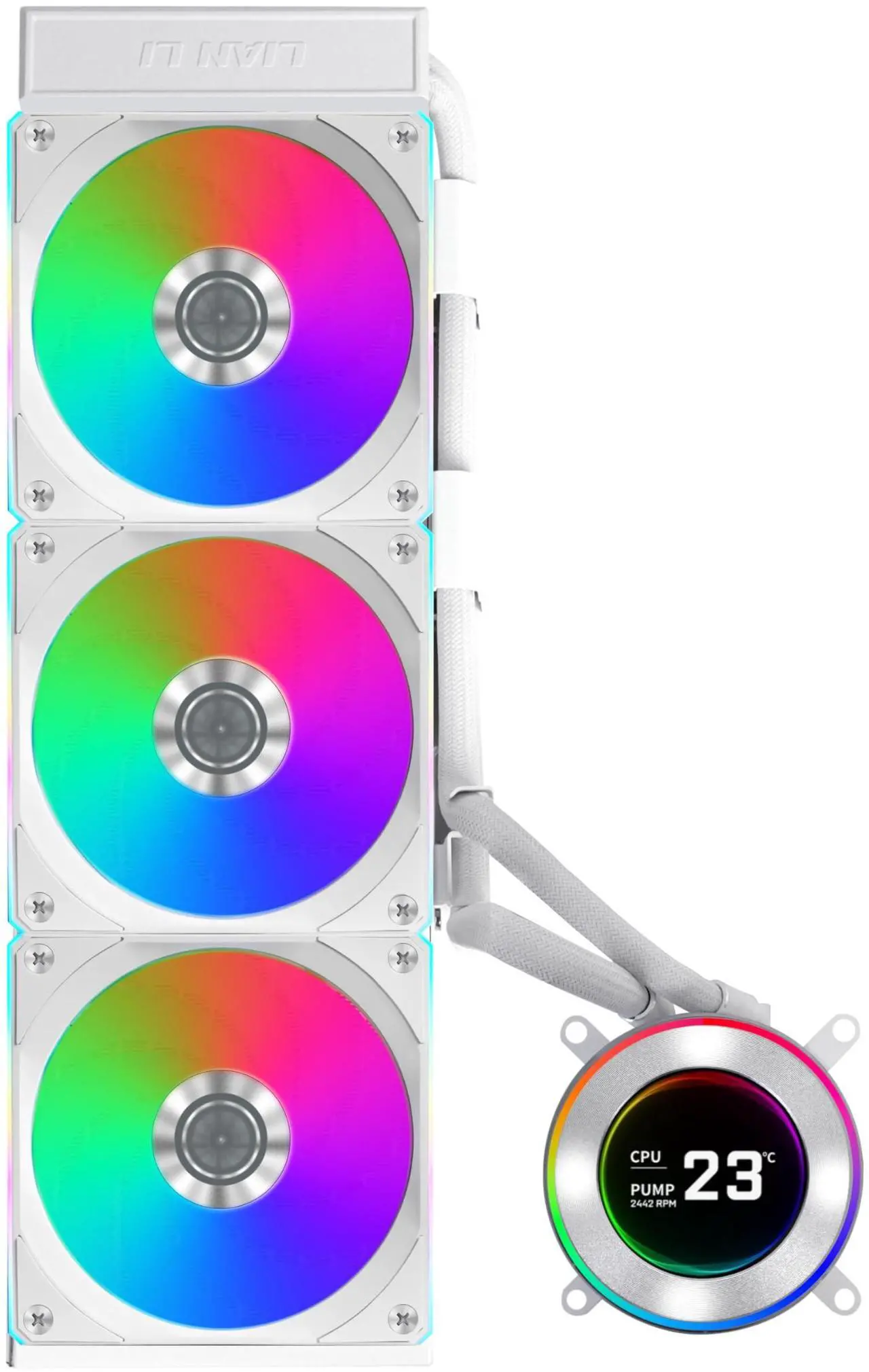 Alt view image 8 of 8 - Lian Li Hydroshift II 360 CL RGB Liquid CPU Cooler - 360mm AIO - 3X 120 RGB Fans - 2.1 IPS LCD Screen - 3 Control Mode - Flexible Tubes Clamp - LGA 1851/1700, AMD AM5/AM4 - White (HS2LCD36RW)