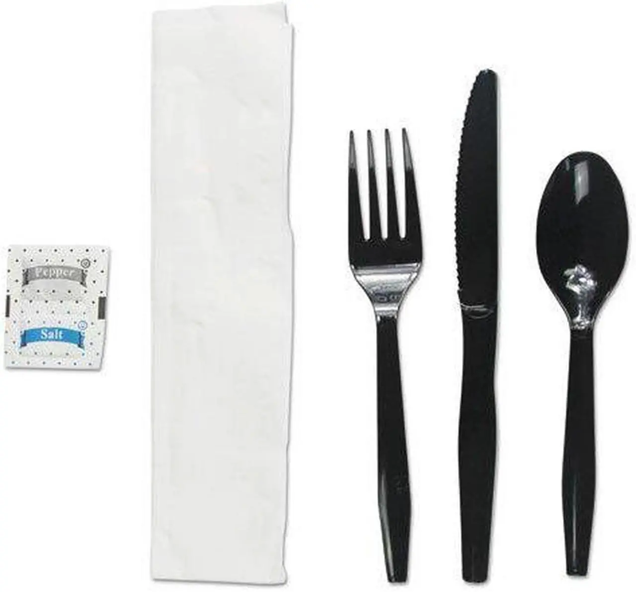 Alt view image 2 of 5 - Boardwalk FKTNSMWPSBLA Six-Piece Cutlery Kit, Condiment / Fork / Knife / Napkin / Teaspoon, Black, 250 / Carton
