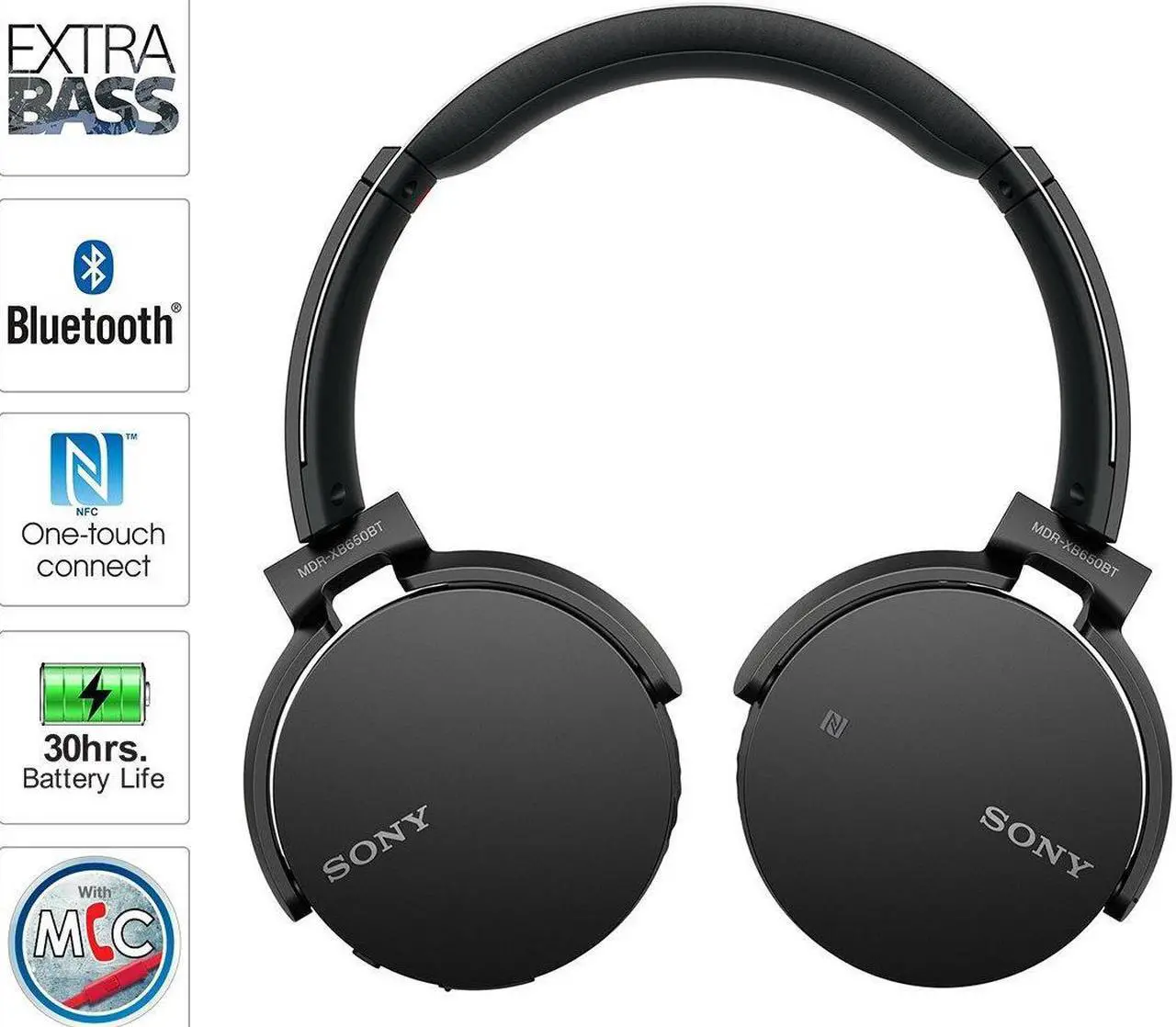 Alt view image 6 of 20 - Sony XB650BT Wireless On-Ear Bluetooth Headphones with 30mm drivers, NFC, Powerful Music, Comfort Ear Pads, and Built-In Microphone, Black, MDRXB650BT/B