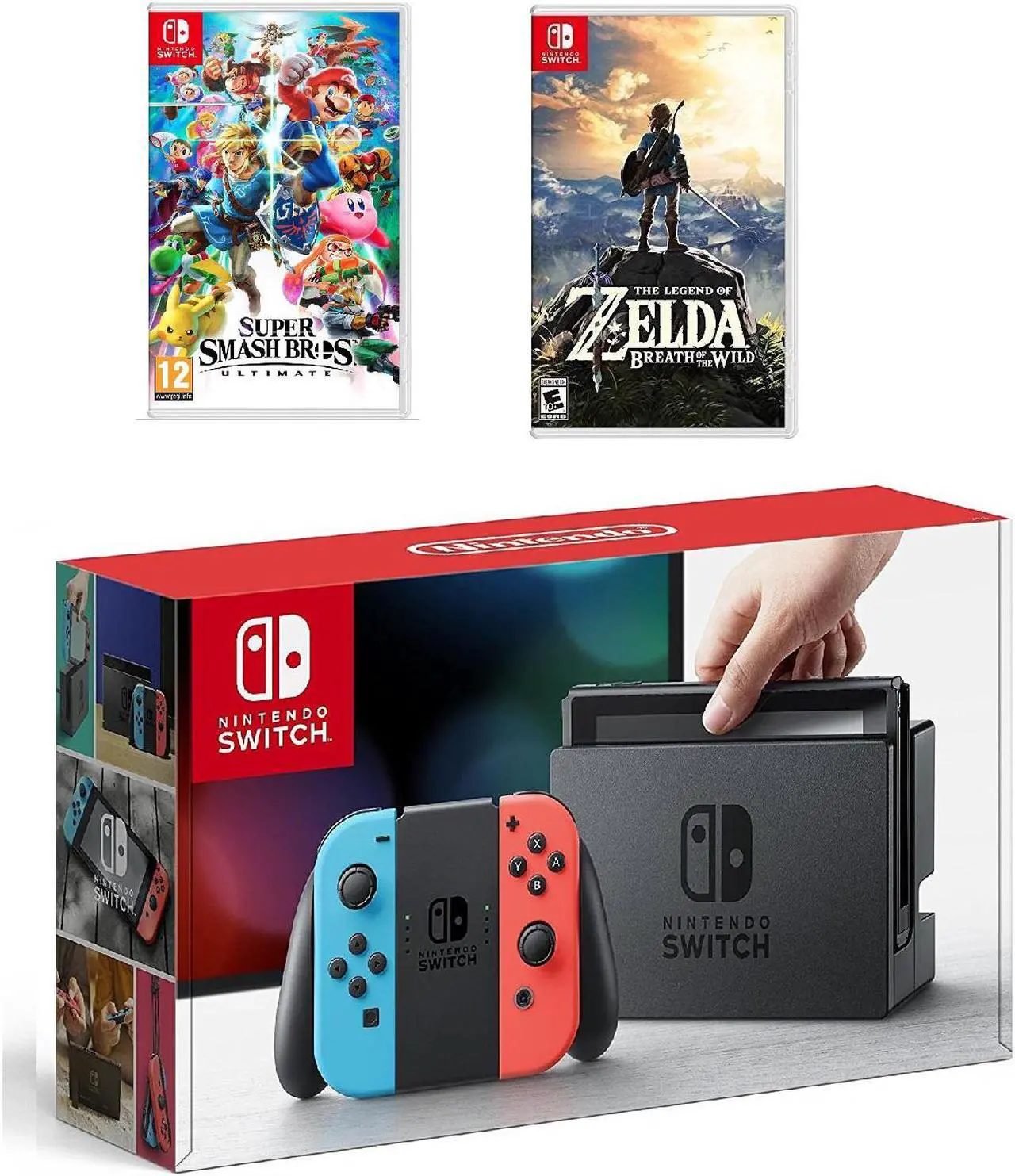 Main image of Nintendo Switch Neon Red/Blue 32GB & Smash Bros Ultimate & The Legend of Zelda Bundle