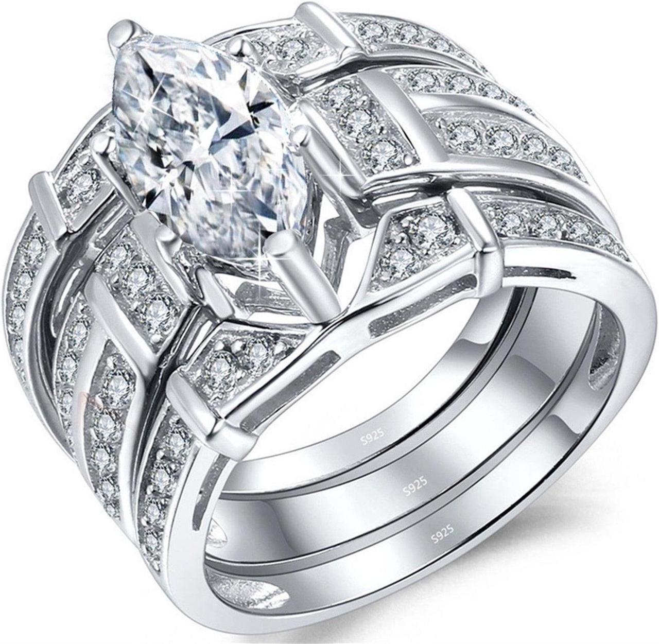Main image of Mabella Trio Sterling Silver Cubic Zirconia CZ Marquise Wedding Ring Set Anniversary for Women, Size 8