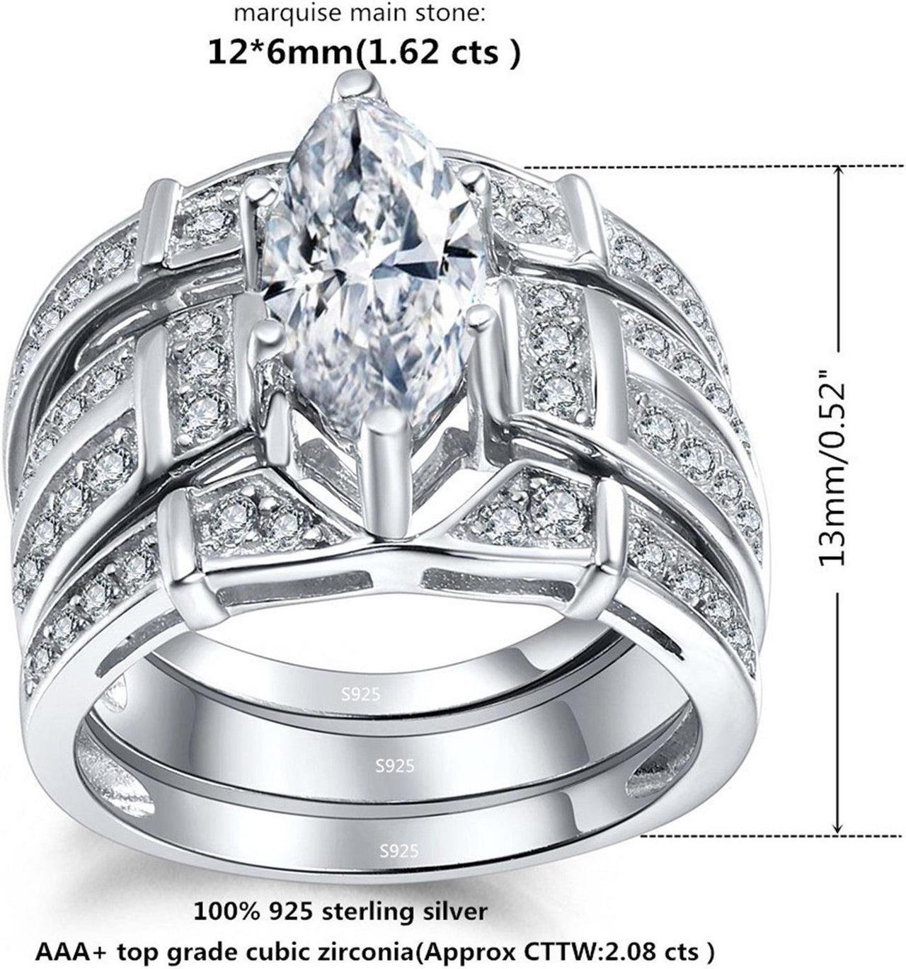 Alt view image 3 of 7 - Mabella Trio Sterling Silver Cubic Zirconia CZ Marquise Wedding Ring Set Anniversary for Women, Size 8