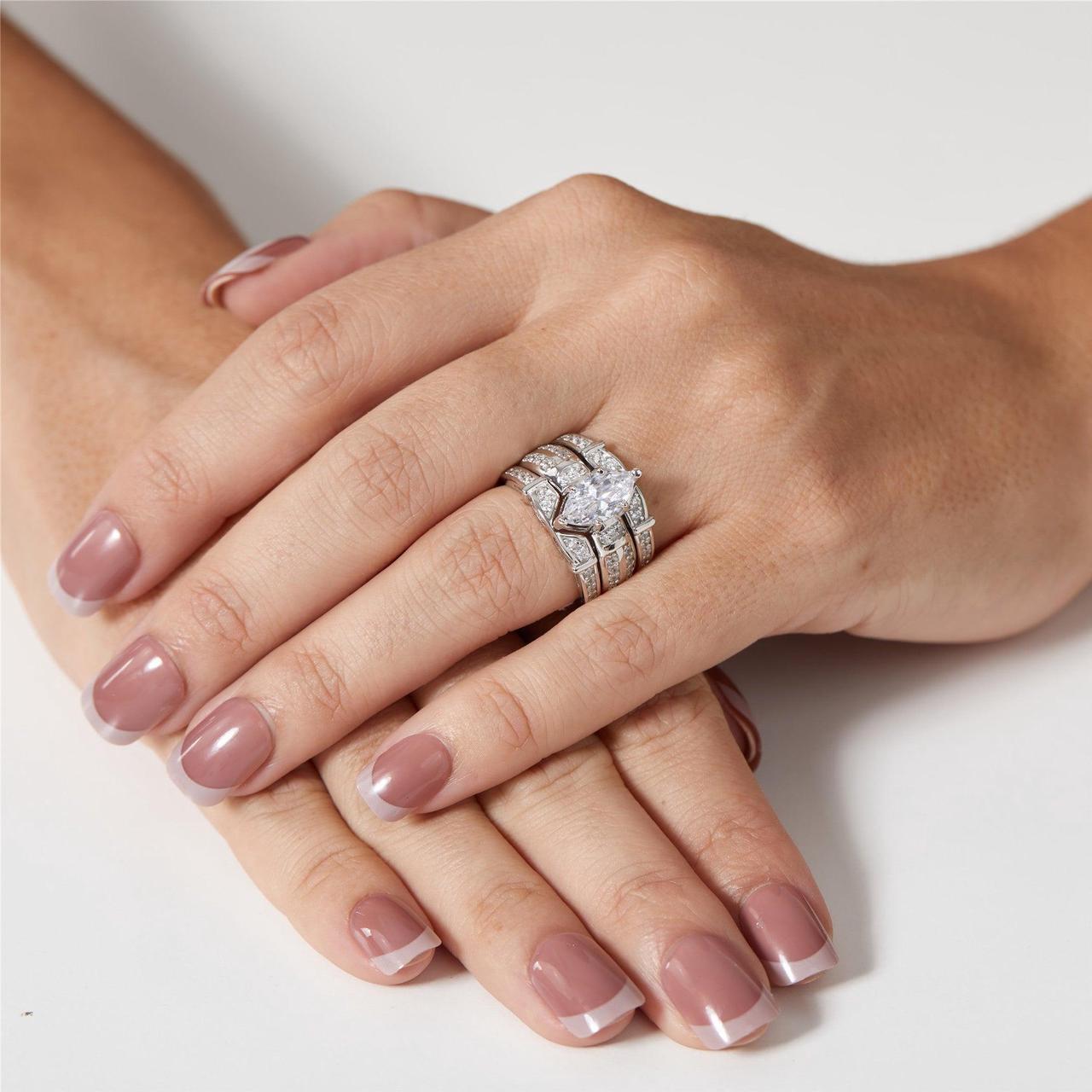 Alt view image 4 of 7 - Mabella Trio Sterling Silver Cubic Zirconia CZ Marquise Wedding Ring Set Anniversary for Women, Size 8