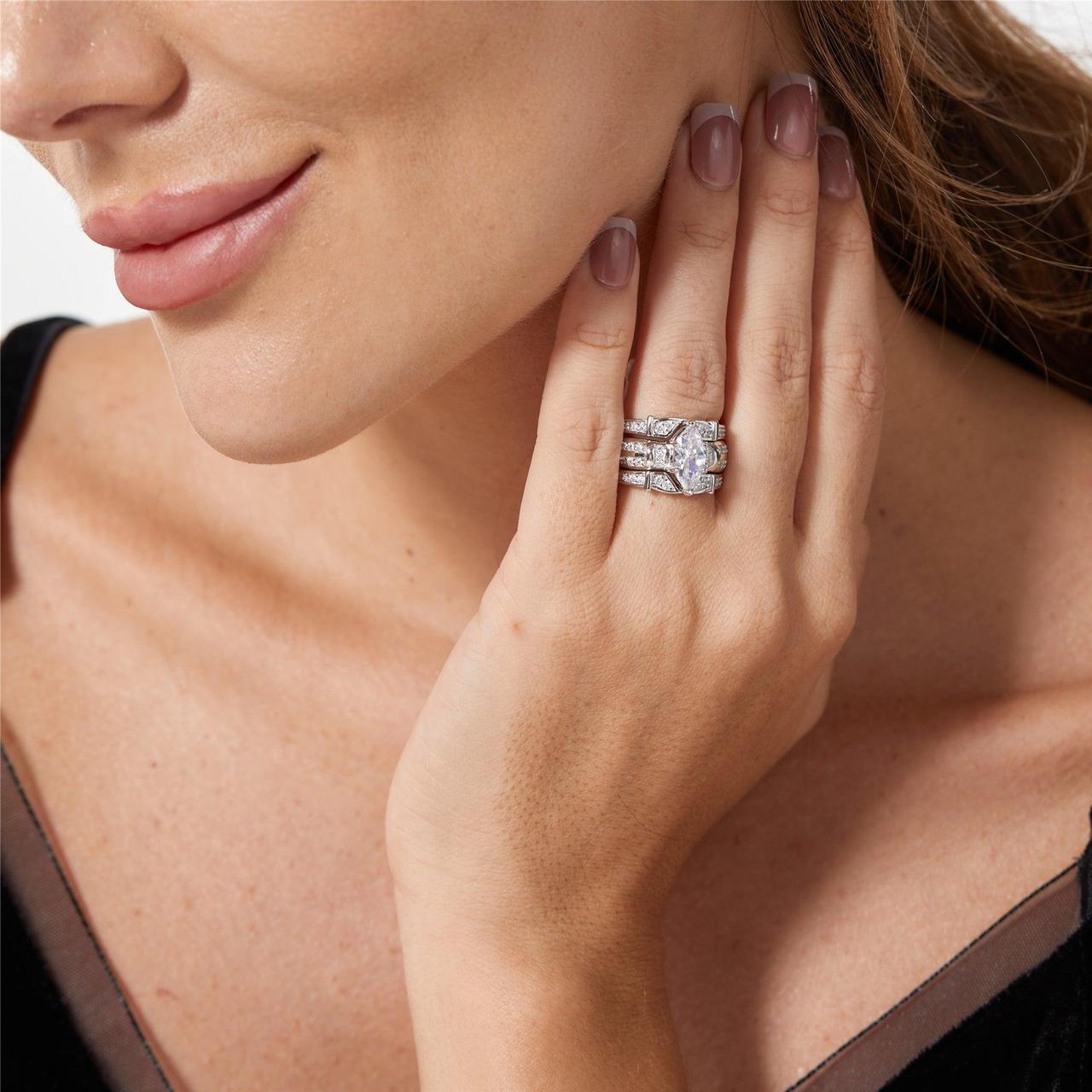 Alt view image 5 of 7 - Mabella Trio Sterling Silver Cubic Zirconia CZ Marquise Wedding Ring Set Anniversary for Women, Size 8