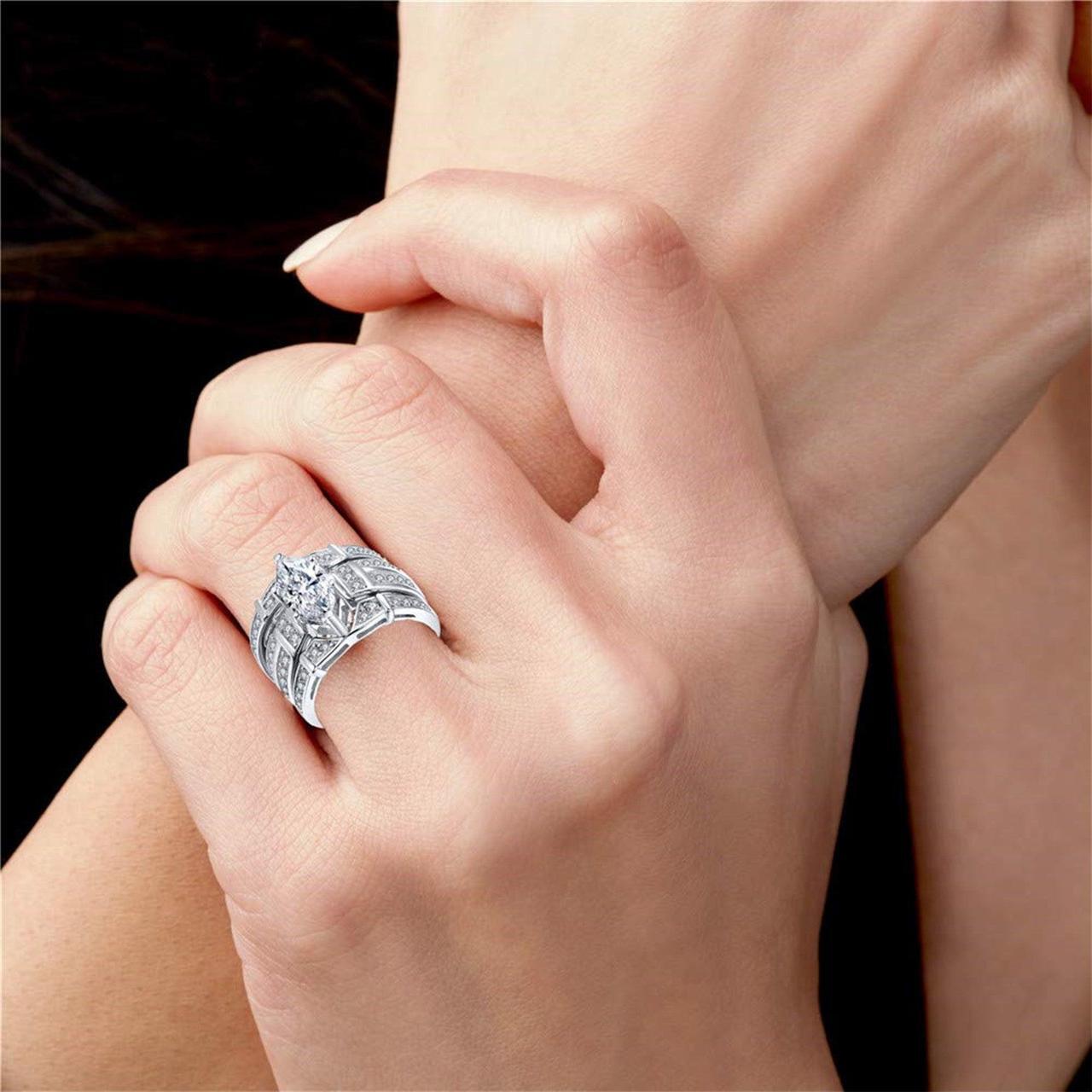 Alt view image 6 of 7 - Mabella Trio Sterling Silver Cubic Zirconia CZ Marquise Wedding Ring Set Anniversary for Women, Size 8