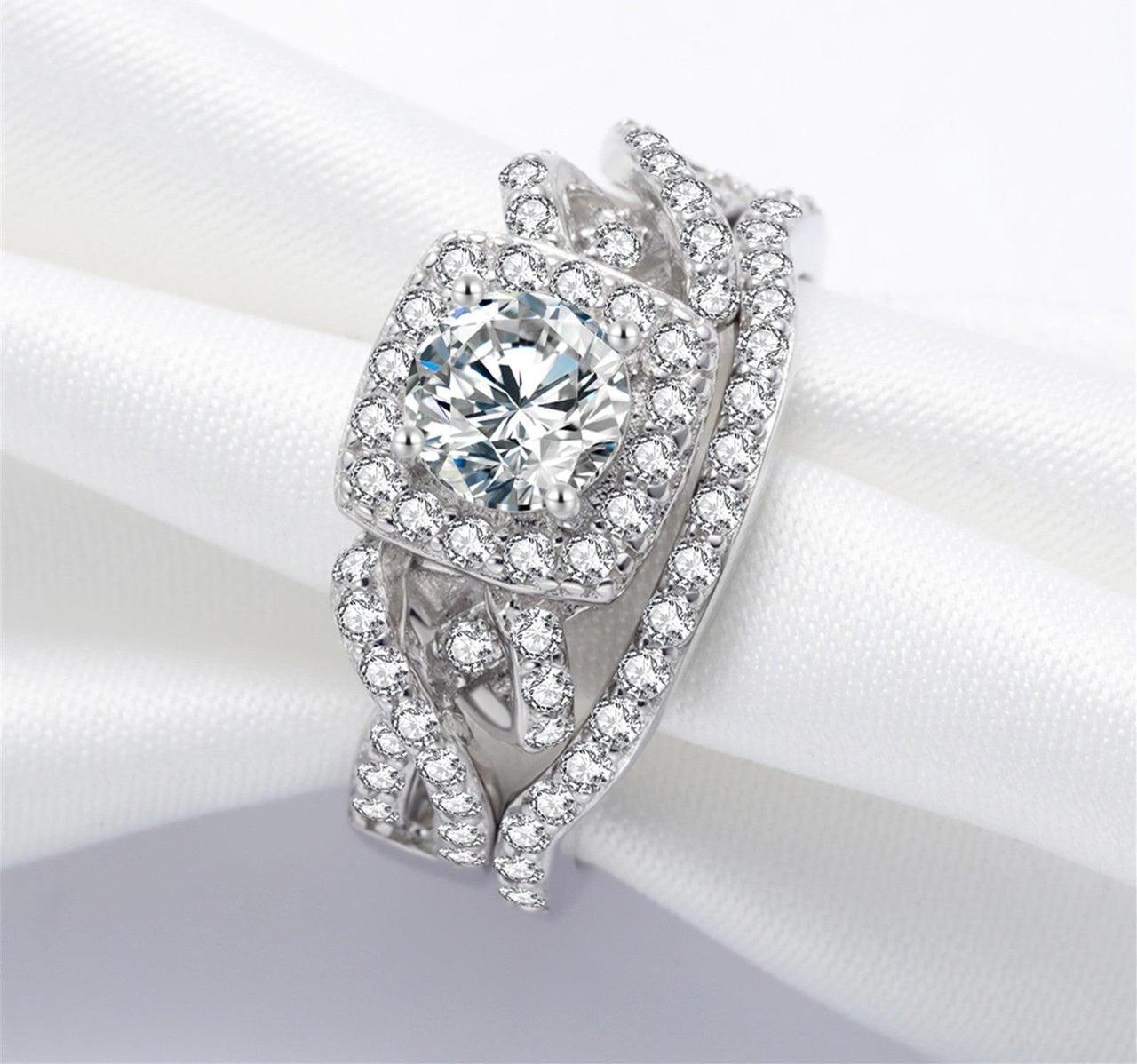 Alt view image 2 of 7 - Mabella Infinity Wedding Rings Set for Women 925 Sterling Silver Cubic Zirconia Round Cut Halo CZ Eternity Engagement Bridal Set Gifts for Her