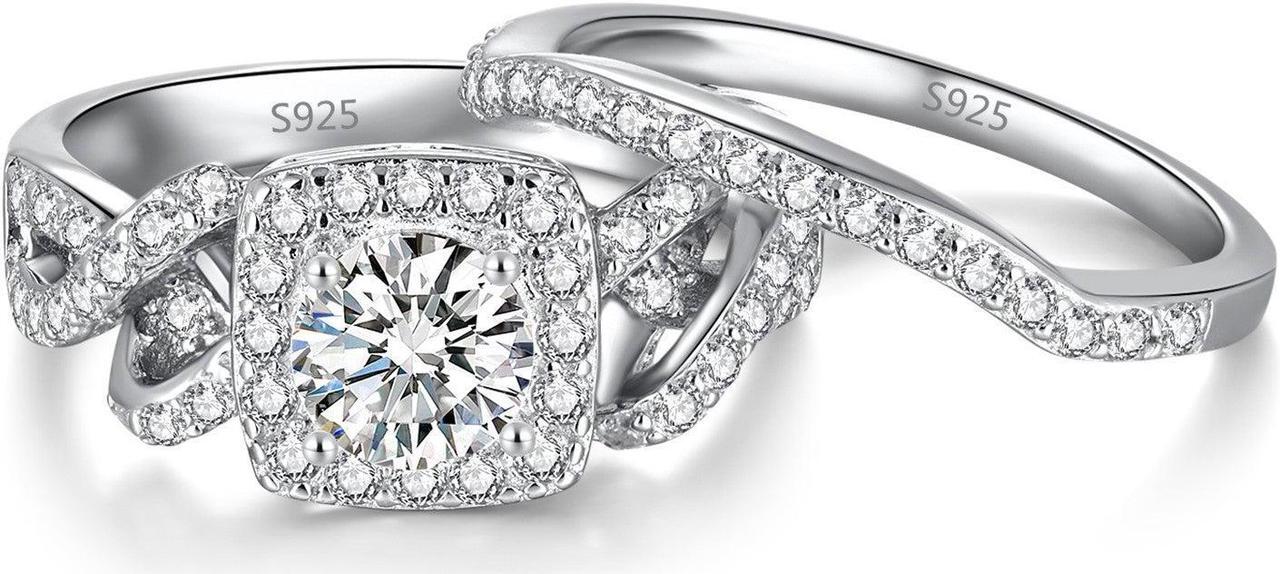 Alt view image 6 of 7 - Mabella Infinity Wedding Rings Set for Women 925 Sterling Silver Cubic Zirconia Round Cut Halo CZ Eternity Engagement Bridal Set Gifts for Her
