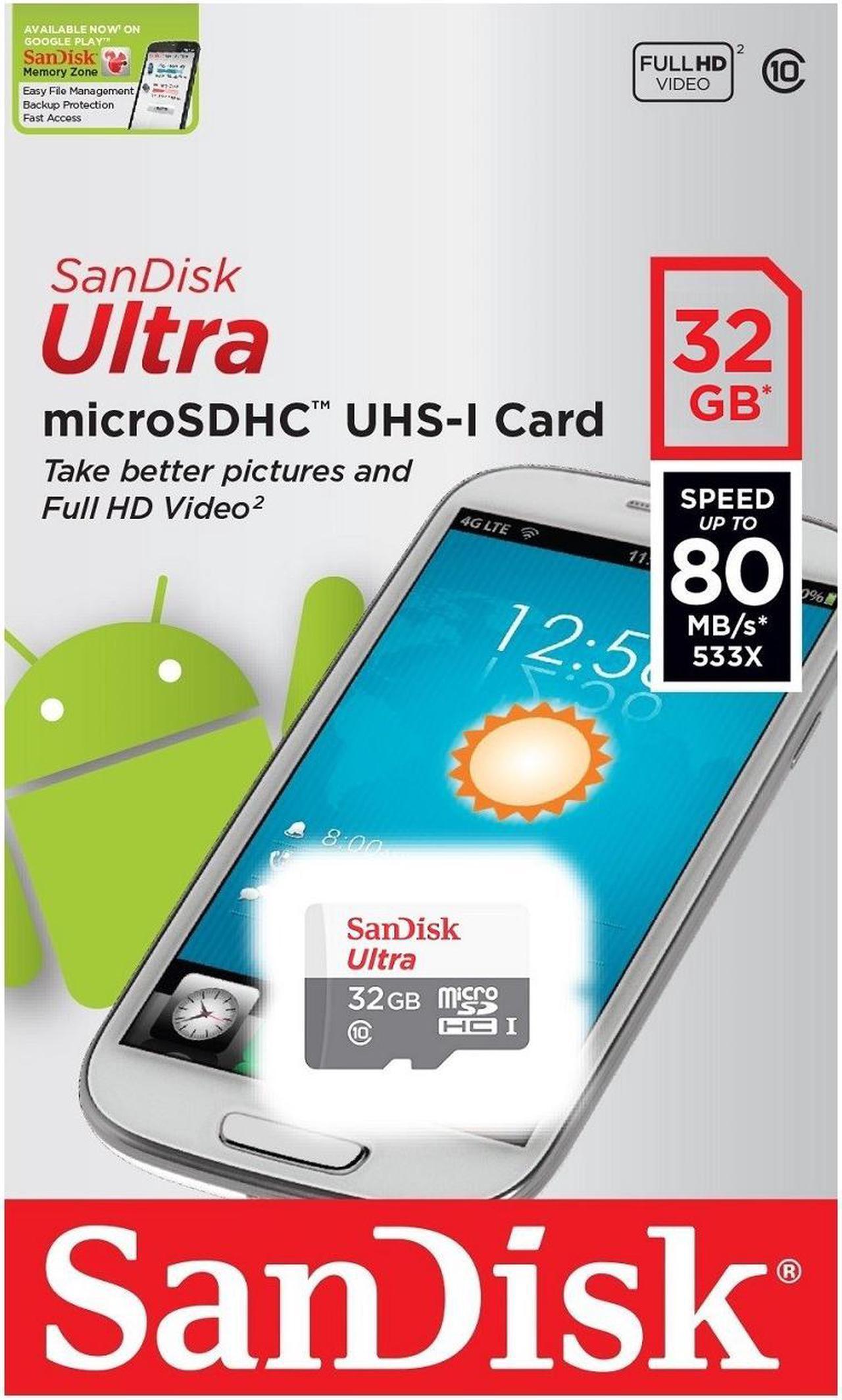Alt view image 3 of 5 - SanDisk 32GB Ultra microSDHC UHS-I/Class 10 Memory Card, Speed Up to 80MB/s (SDSQUNS-032G)