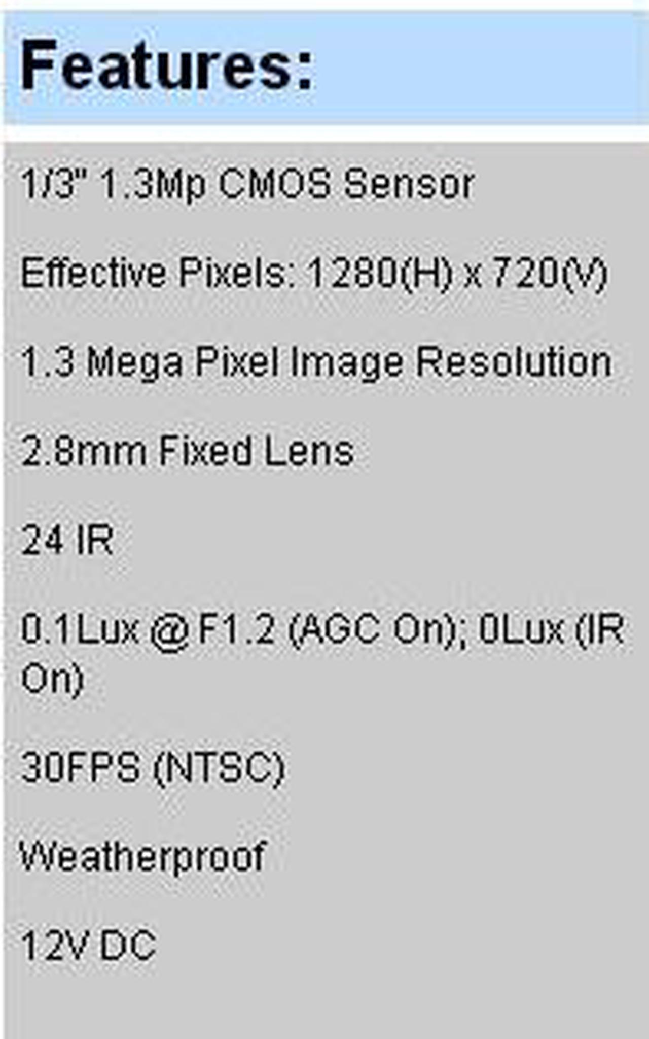 Alt view image 2 of 3 - 1.3 Mega Pixel Image Resolution BL-TVI-IRD1M24-W-2.8MM 2.8mm Fixed Lens 12V DC 24 IR NTSC