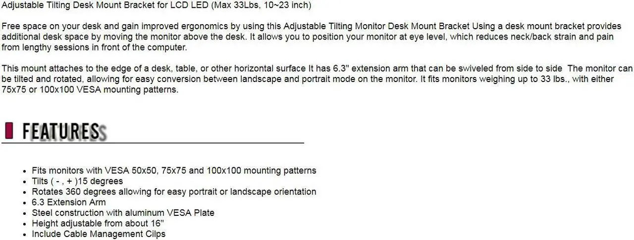 Alt view image 3 of 3 - Adjustable Tilting Desk Mount Bracket for LCD LED (Max 33Lbs, 10~23 inch)