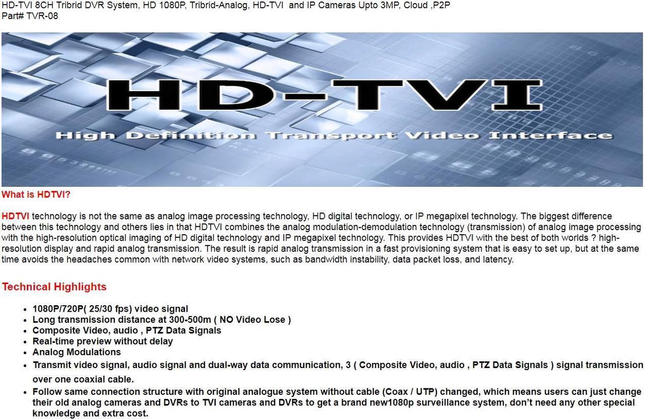 Alt view image 4 of 4 - CCTV Security Camera HD-TVI 8CH Tribrid DVR System, HDMI, VGA, BNC, Analog, HD-TVI and IP Cameras Upto 3MP, Cloud ,P2P (HDD: 1TB)