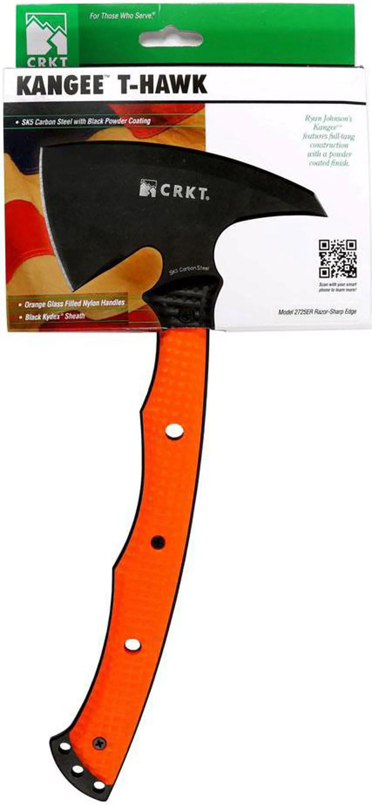 Main image of CRKT RMJ Kangee T-Hawk ER-Tomahawk w axe edge front, orange Kydex sheath 2725ER