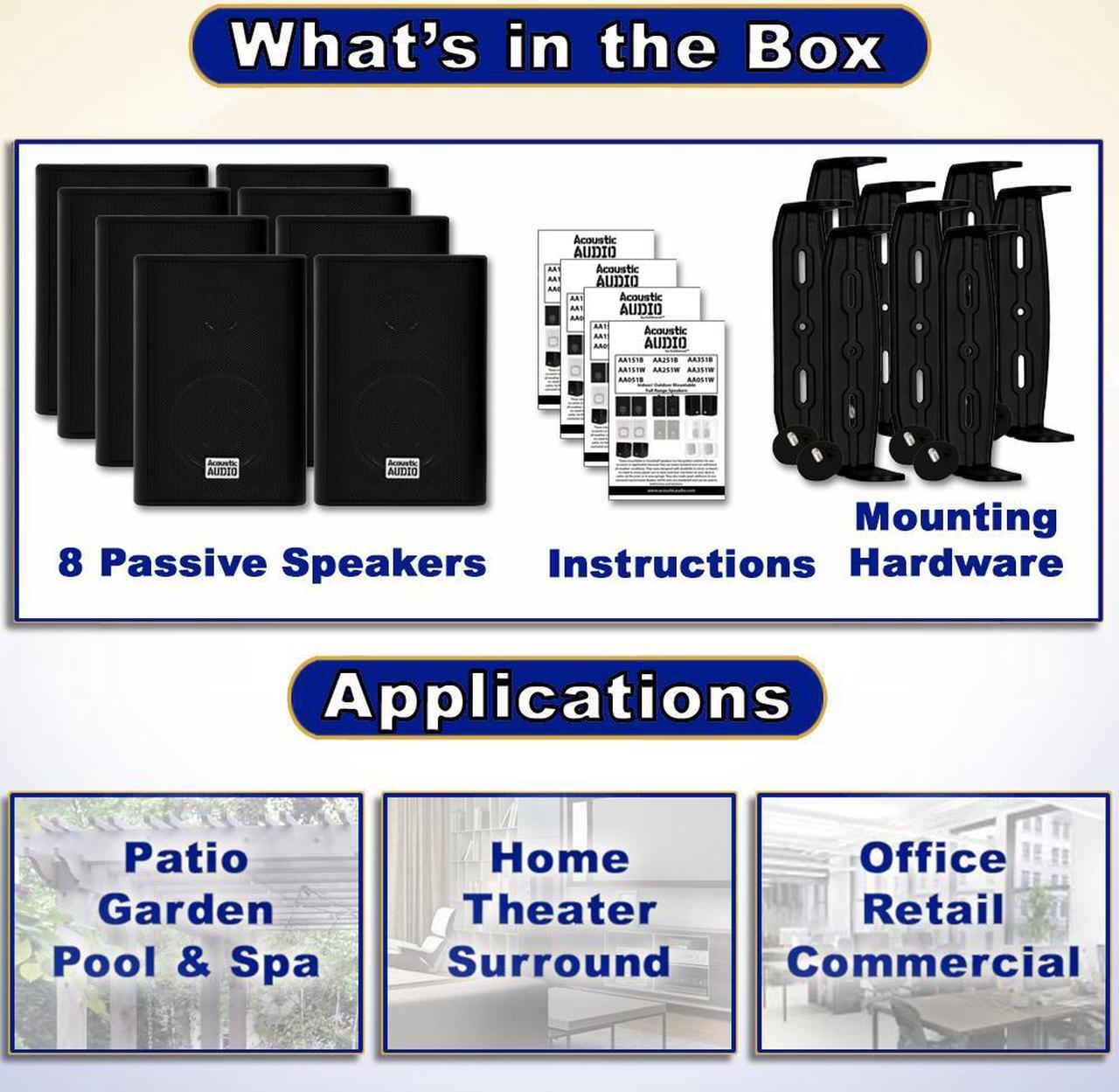 Alt view image 4 of 6 - Acoustic Audio AA351B Indoor Outdoor 2 Way Black Speakers 2000 Watt 4 Pair Pack AA351B-4Pr