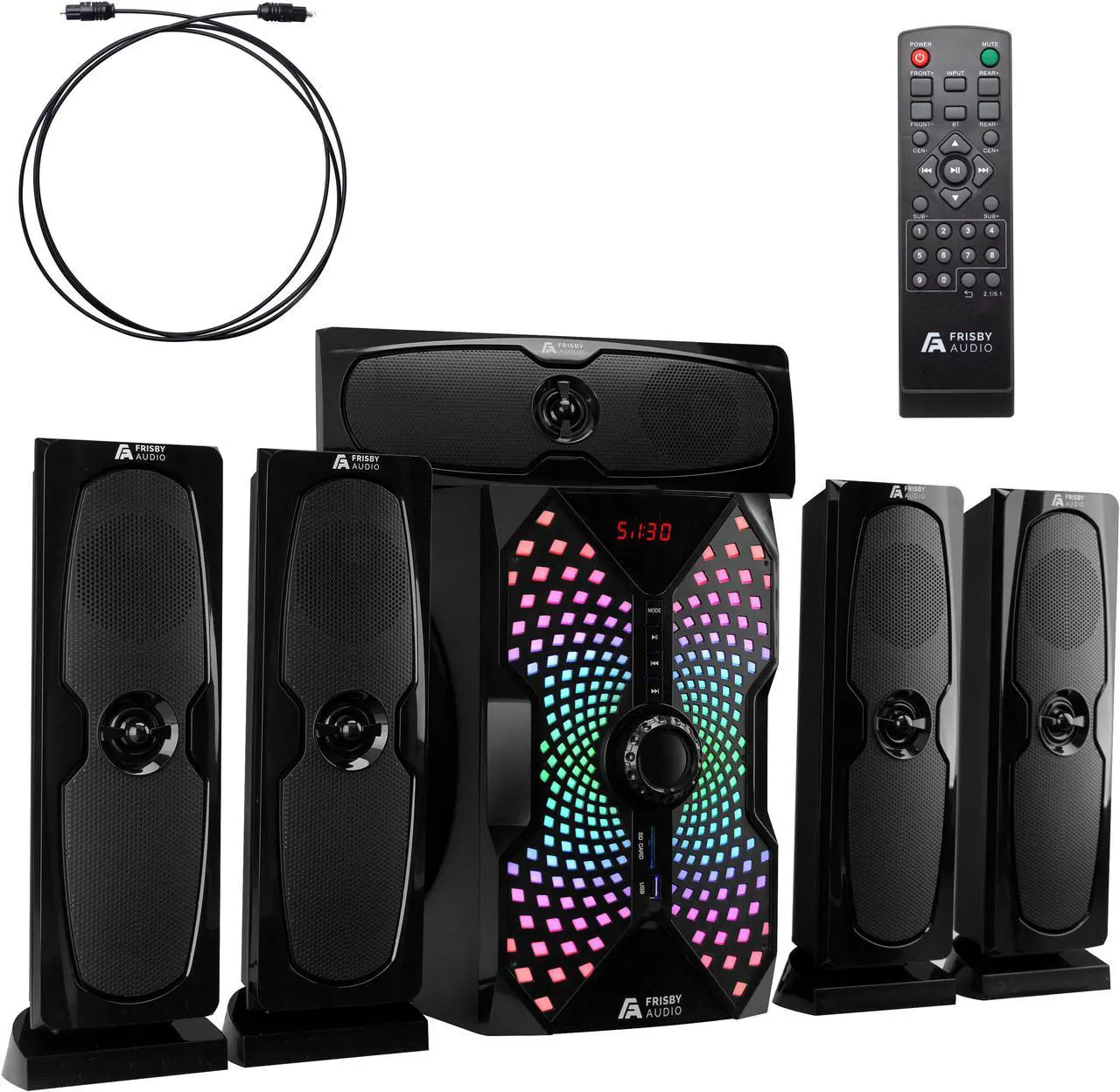 Main image of Frisby Audio 125 Watt Home Theater 5.1 Surround Sound Speaker System with Subwoofer, Bluetooth Wireless Streaming from Devices & Media Reader, RGB LED Pulse Lighting, Digital Optical Input  Black