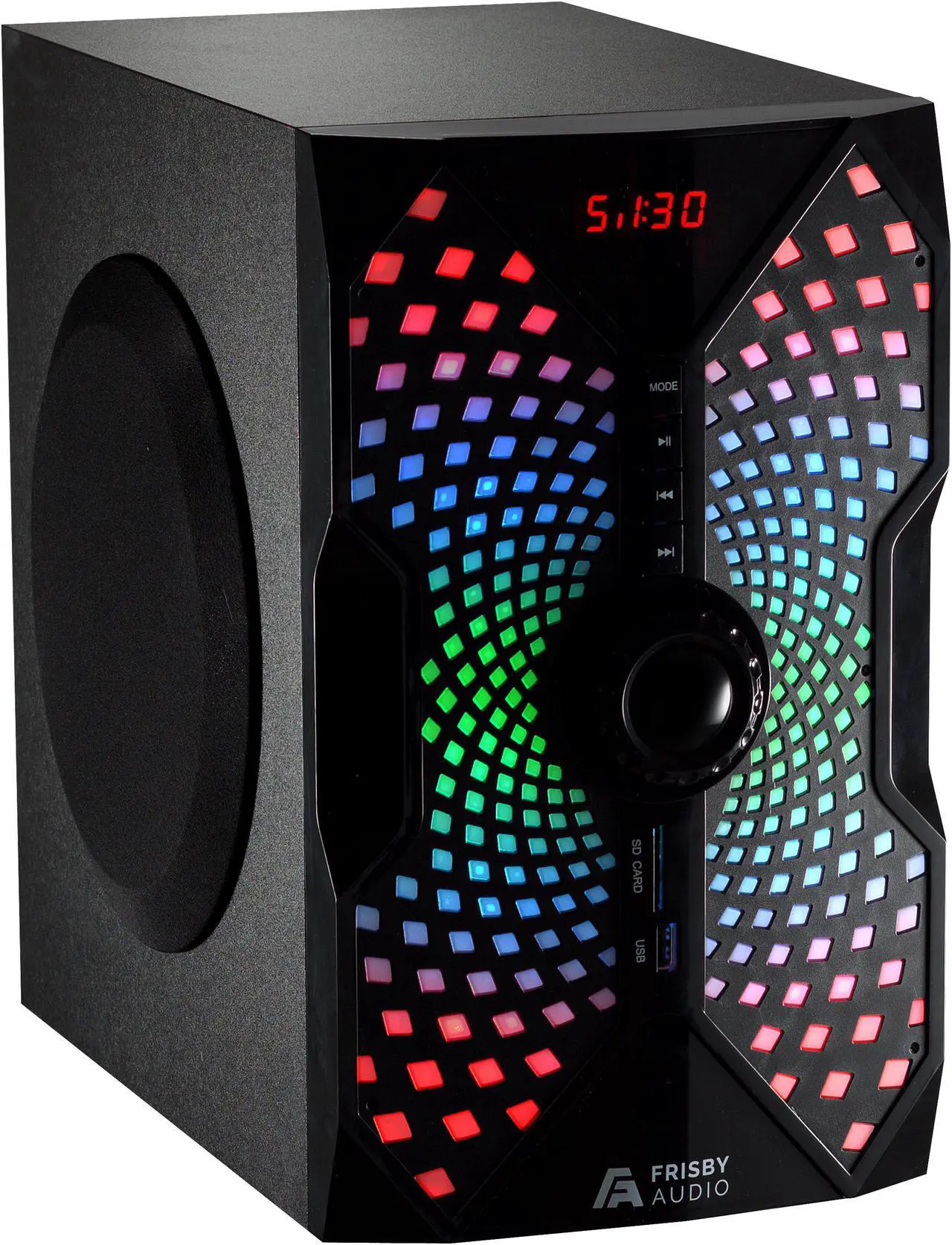 Alt view image 2 of 6 - Frisby Audio 125 Watt Home Theater 5.1 Surround Sound Speaker System with Subwoofer, Bluetooth Wireless Streaming from Devices & Media Reader, RGB LED Pulse Lighting, Digital Optical Input  Black