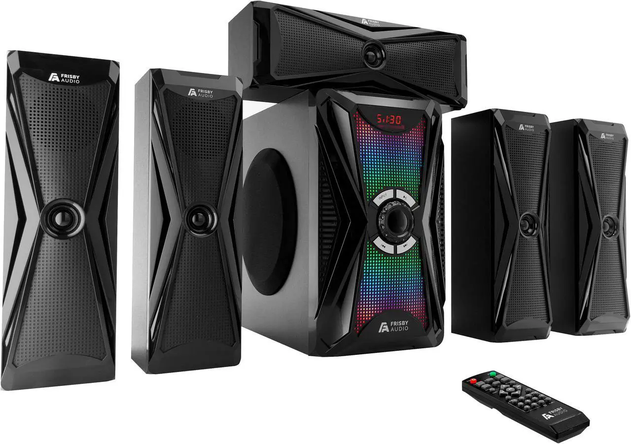 Main image of Frisby Audio 125 Watt Home Theater 5.1 Surround Sound Speaker System with Subwoofer, Bluetooth Wireless Streaming from Devices & Media Reader, RGB LED Pulse Lighting, Digital Optical Input – Black