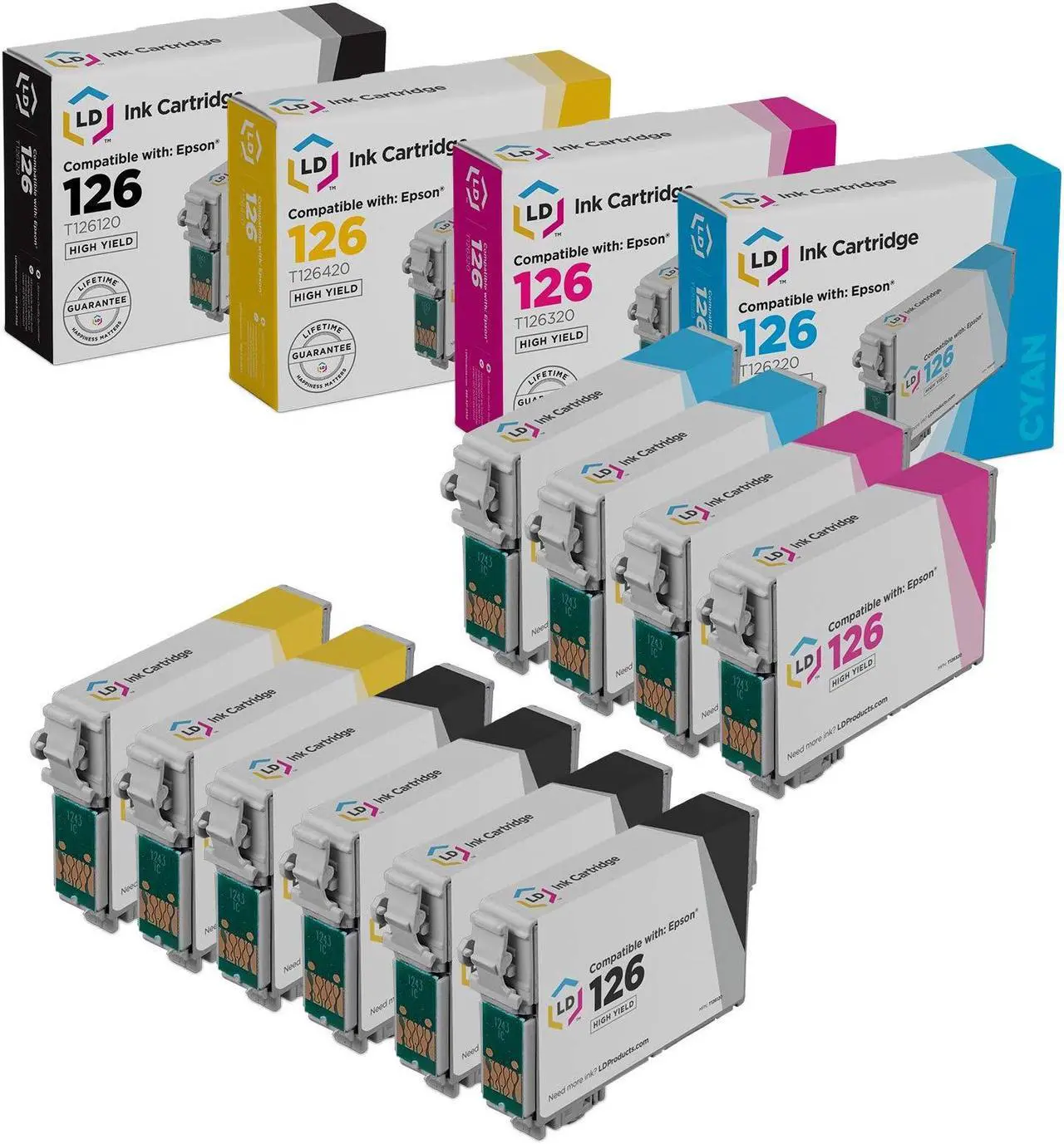 Main image of LD Products Replacement for Epson 126 Ink Cartridges T126 High Yield (4 Black, 2 Cyan, 2 Magenta, 2 Yellow, 10-Pack)