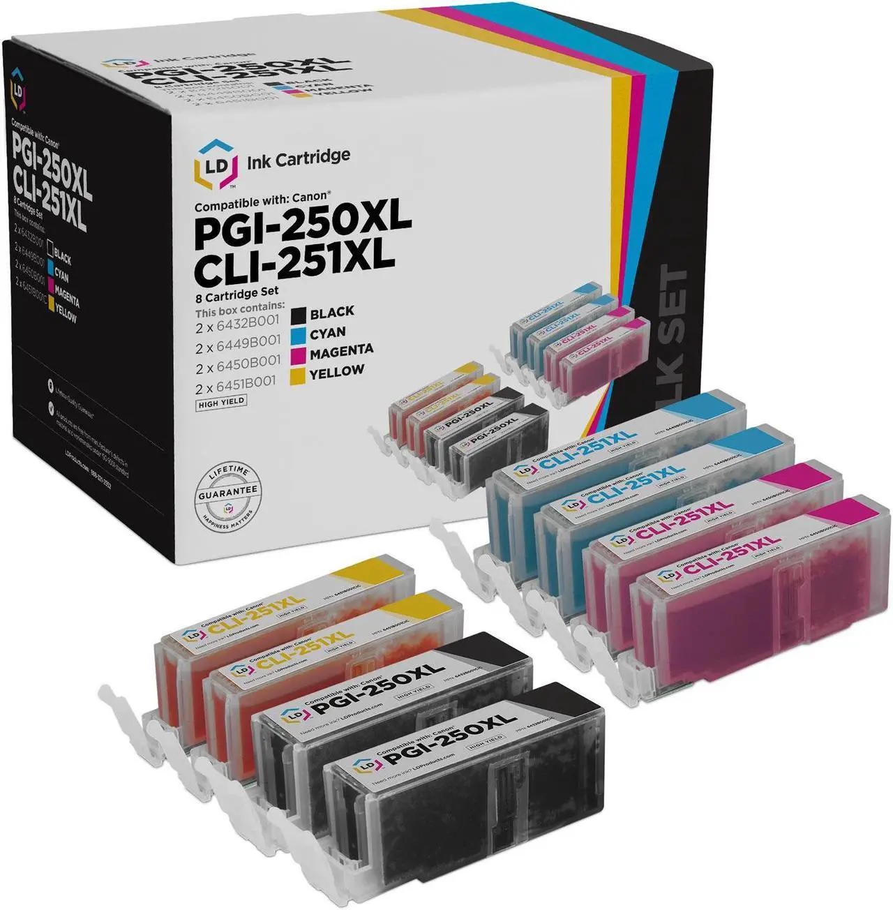Main image of LD Products Compatible Ink Cartridge Replacement for Canon PGI-250XL & CLI-251XL High Yield (2 Pigment Black, 2 Cyan, 2 Magenta, 2 Yellow, 8-Pack)