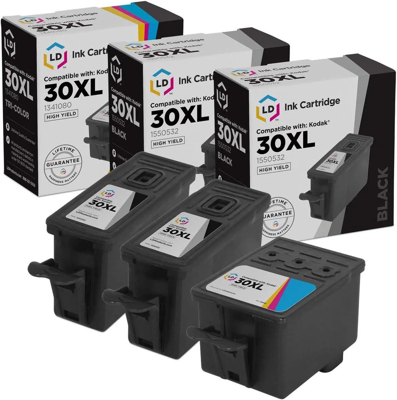 Main image of LD Products Compatible Kodak 30 / 30XL Set of 3 High Yield Ink Cartridges: 2 Black (1550532) & 1 Color (1341080)