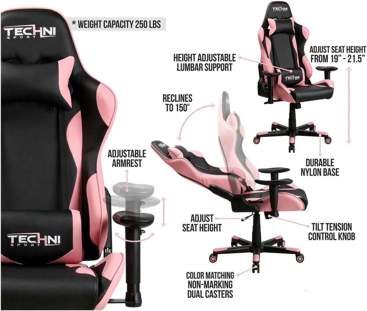 Alt view image 2 of 6 - Urban Designs Ergonomic High Back Racer Style PC Gaming Chair - Pink