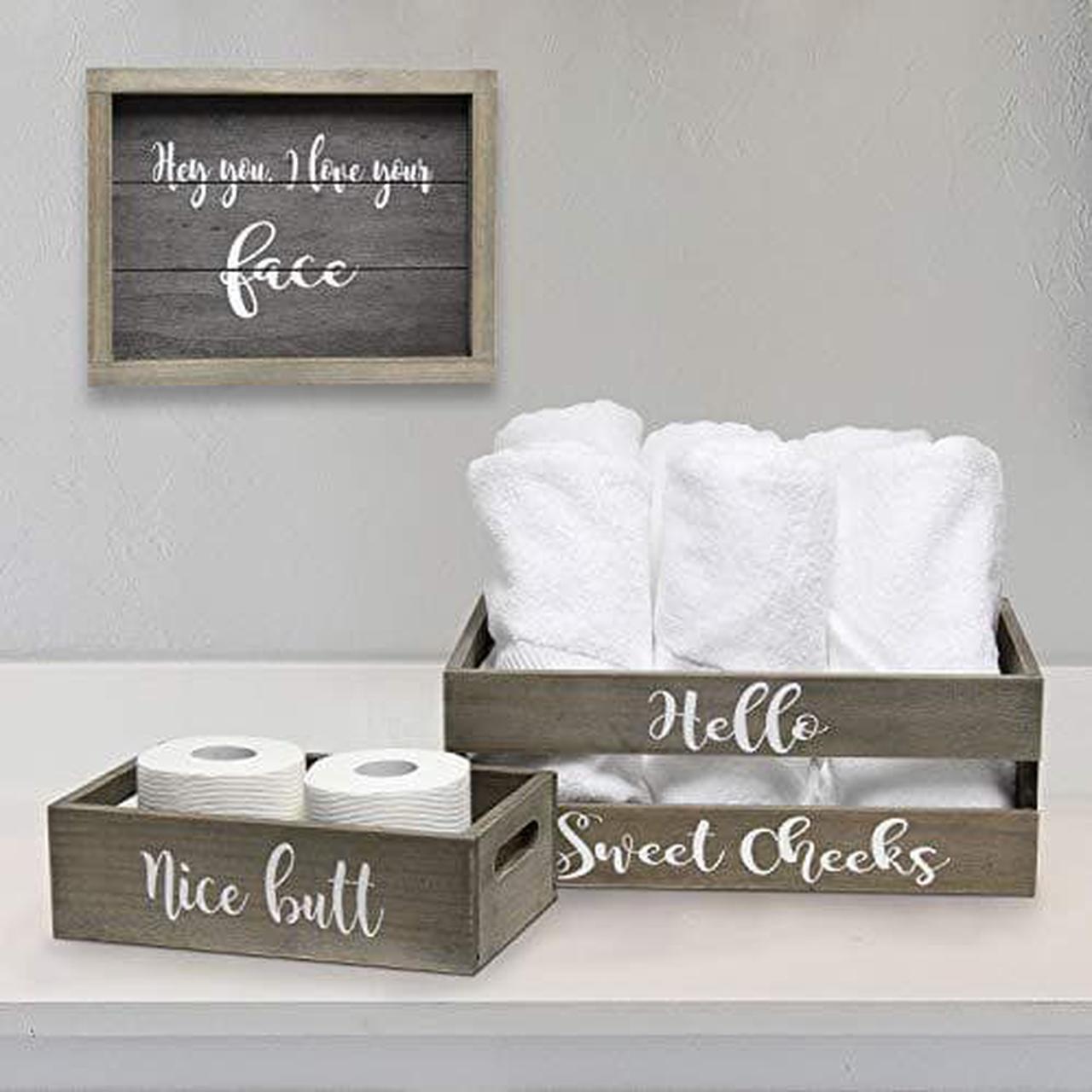 Alt view image 9 of 20 - Elegant Designs Three Piece Decorative Wood Bathroom Set, Large, Cheeky  (1 Towel Holder, 1 Frame, 1 Toilet Paper Holder)