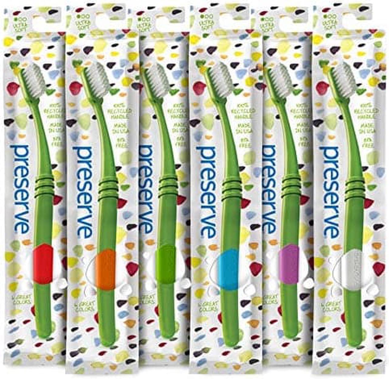 Preserve Recycled (Made in The USA) Toothbrushes in Lightweight Pouch, Ultra Soft Bristles, 6-Count, Assorted Colors