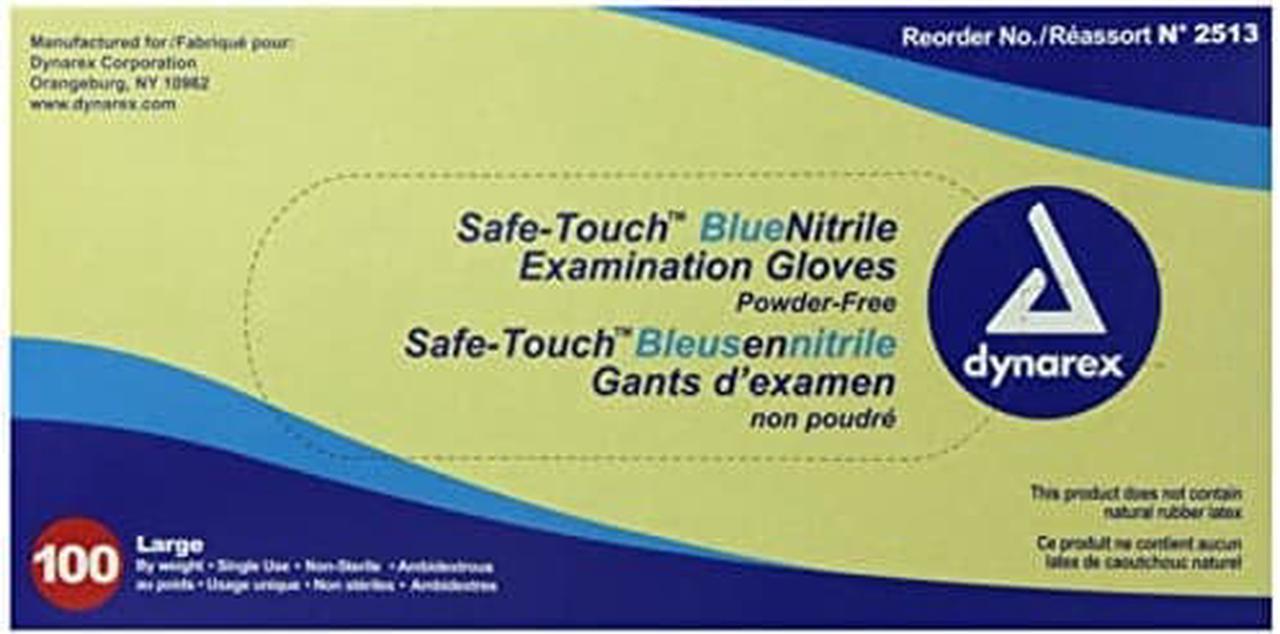 Dynarex 2513 SafeTouch Nitrile Exam Gloves, Non-Latex, Powder Free, Large, Blue (Pack of 100)