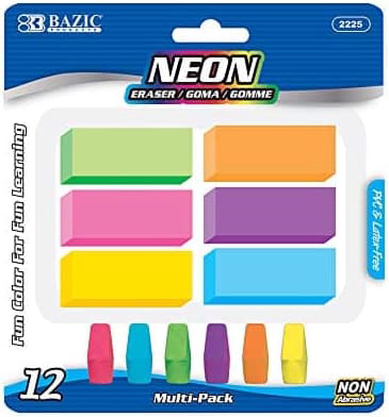 BAZIC Erasers + Pencil Top Erasers Set (12/Pack), Block Bevel Erasers Neon Color, Arrowhead Caps Tops, Latex Free, for Art Drawing School, 1-Pack