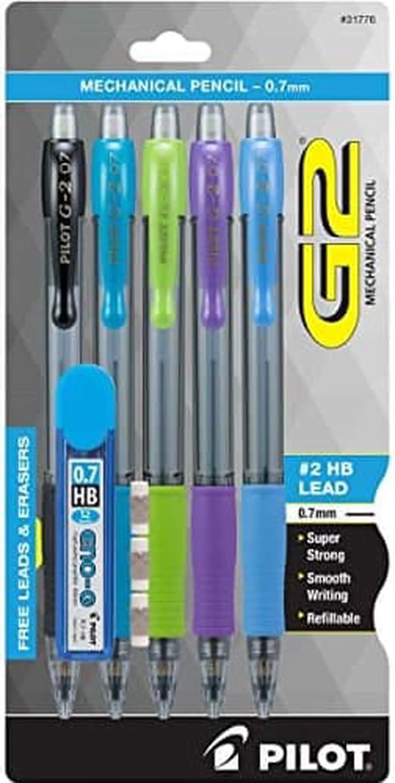 Alt view image 4 of 7 - Pilot Pen 31776 0.7 mm Mechanical Pencil with Lead & Erasers - Black, Lime, Purple, Turquoise & Periwinkle, Pack of 5