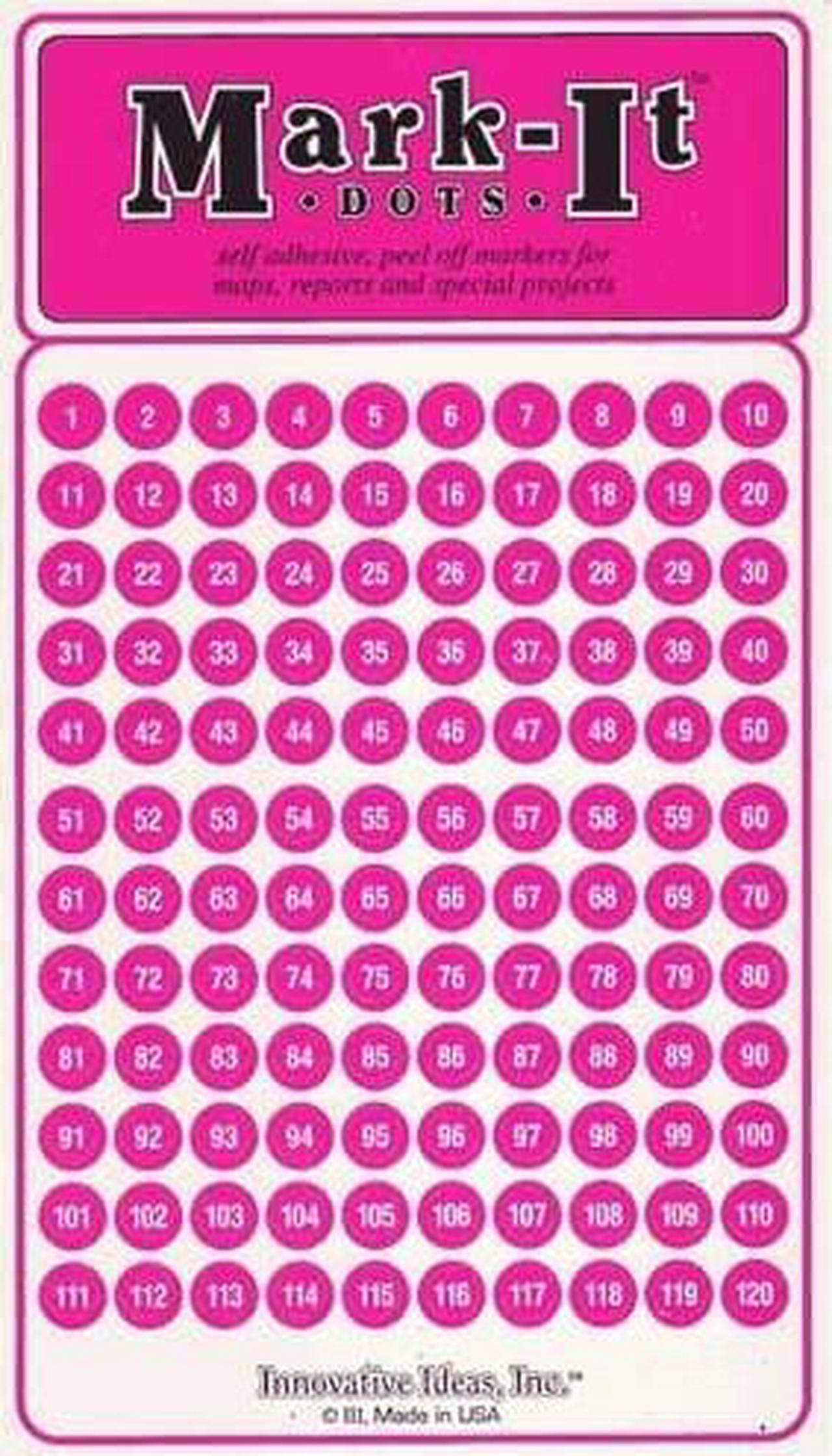 Medium 1/4" Removable Numbered 1-240 Mark-it Brand dots for maps, Reports or Projects - Pink