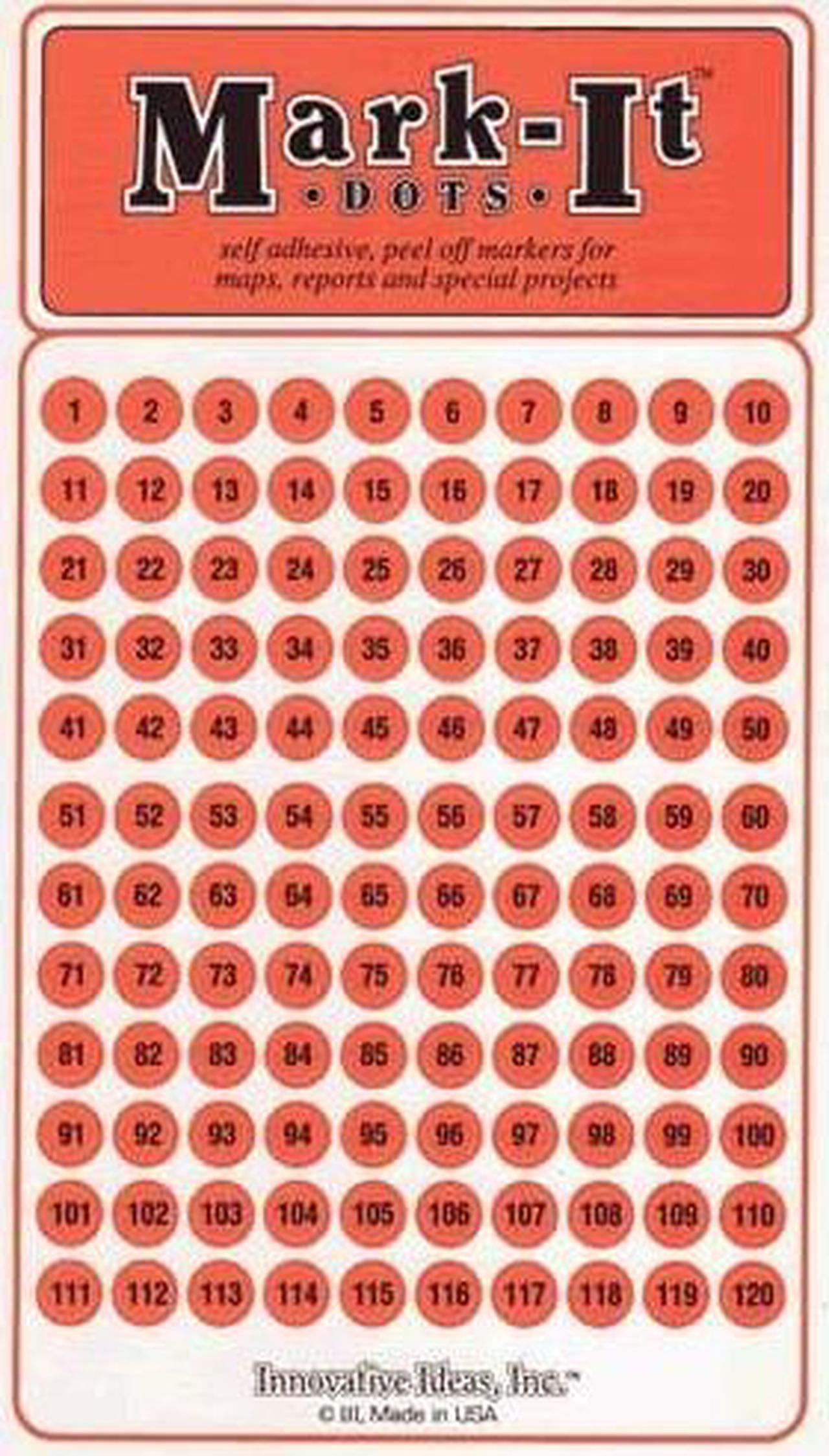 Medium 1/4" Removable Numbered 1-120 Mark-it Brand dots for maps, Reports or Projects - Orange