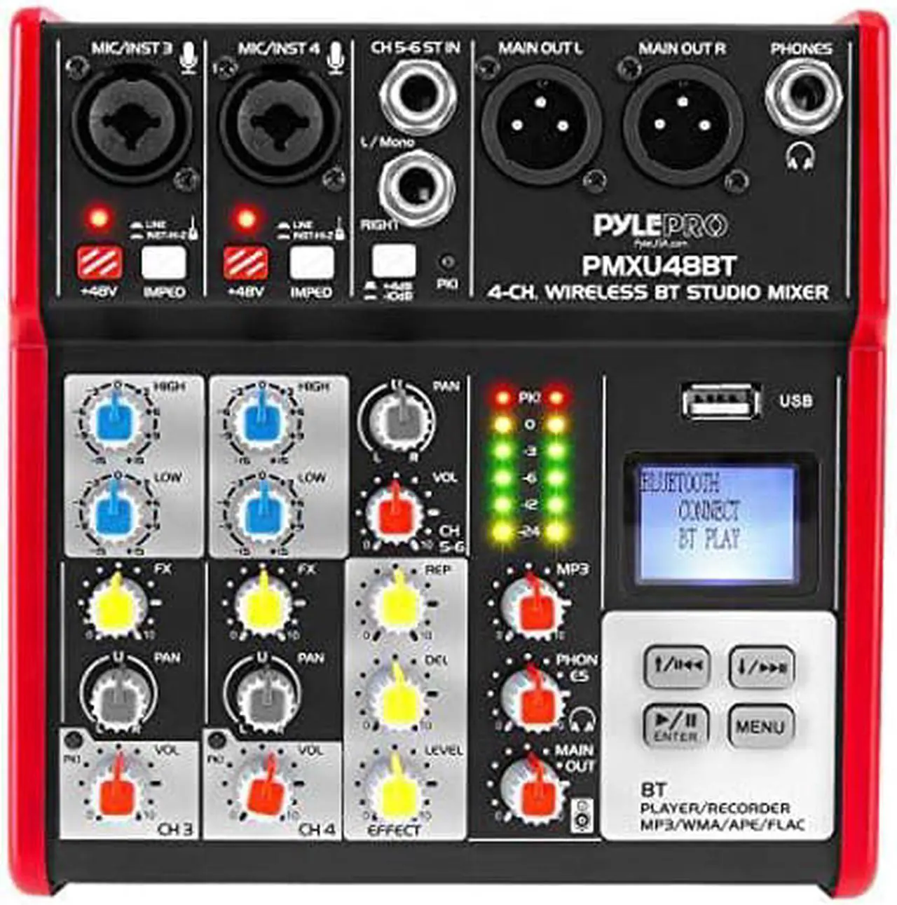 Main image of Studio Audio Sound Mixer Board - 4 Channel Bluetooth Compatible Professional Portable Digital Dj Mixing Console w/ USB Mixer Audio Interface - Mixing Boards For Studio Recording - PylePro PMXU48BT