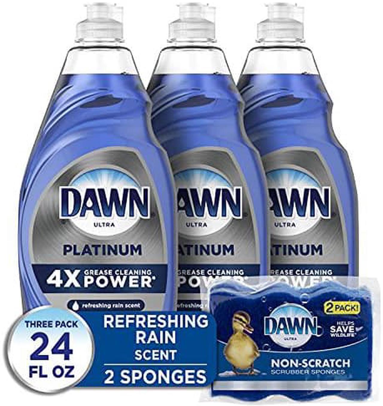 Main image of Dawn Dish Soap Platinum Dishwashing Liquid + Non-Scratch Sponges for Dishes, Refreshing Rain Scent, Includes 3x24oz + 2 Sponges (Packaging May Vary)