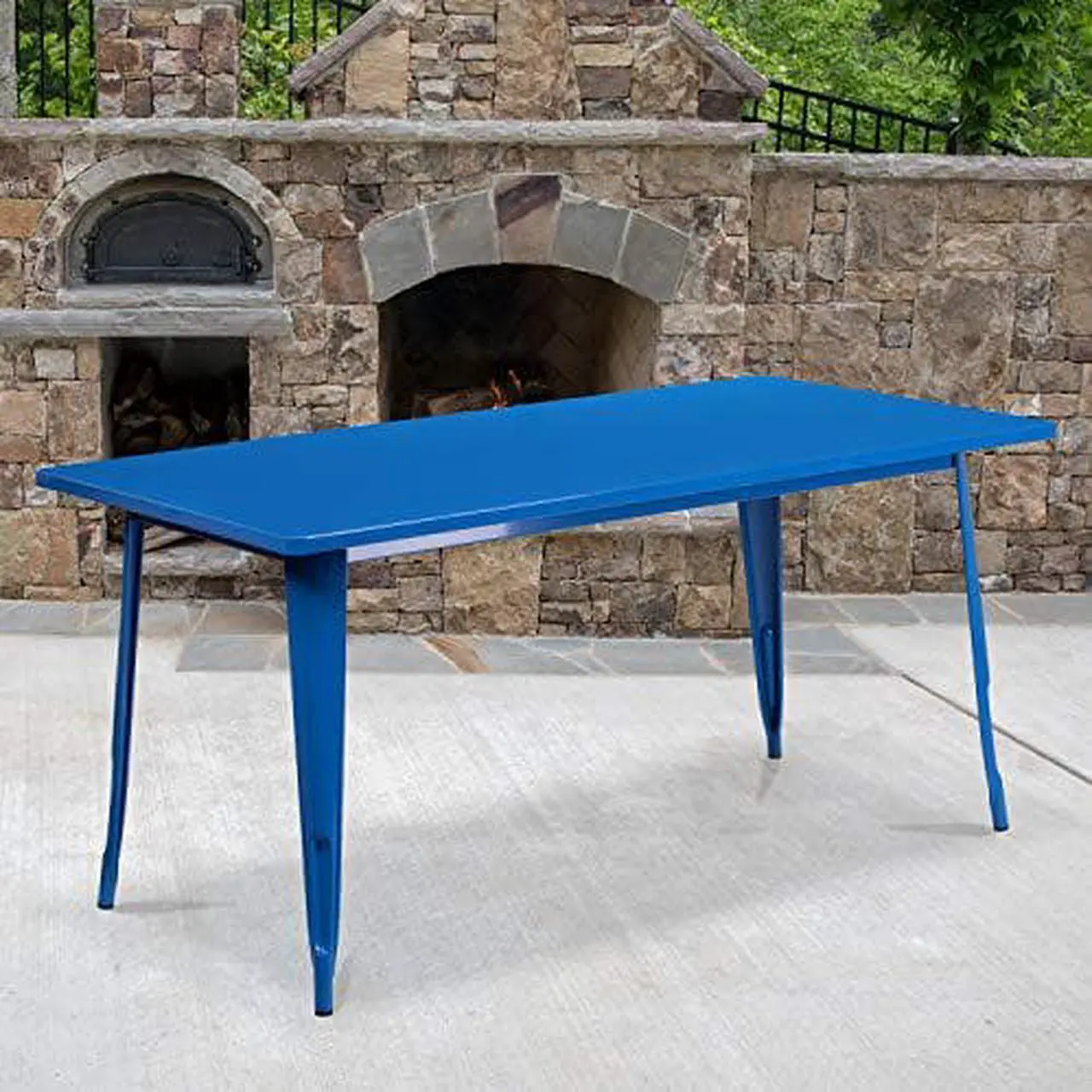 Alt view image 11 of 14 - Commercial Grade 31.5" x 63" Rectangular Blue Metal Indoor-Outdoor Table