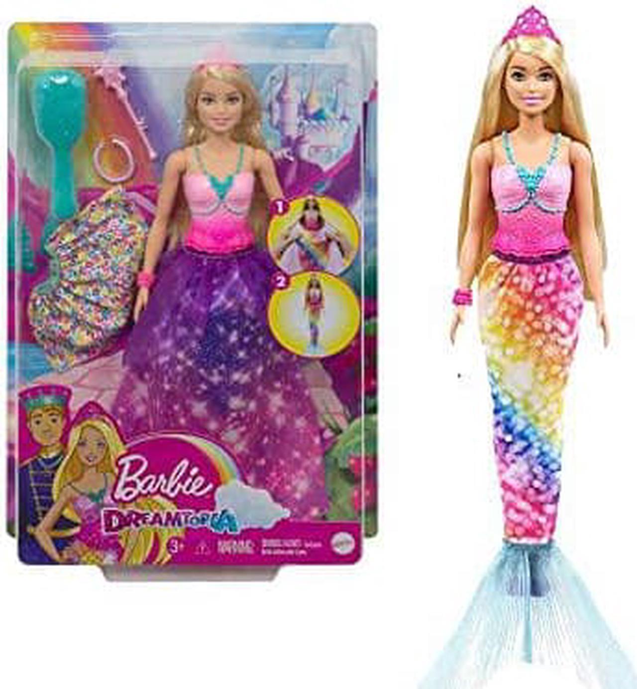 Main image of Barbie Dreamtopia 2-in-1 Princess to Mermaid Fashion Transformation Doll (Blonde, 11.5-in) with 3 Looks and Accessories, for 3 to 7 Year Olds
