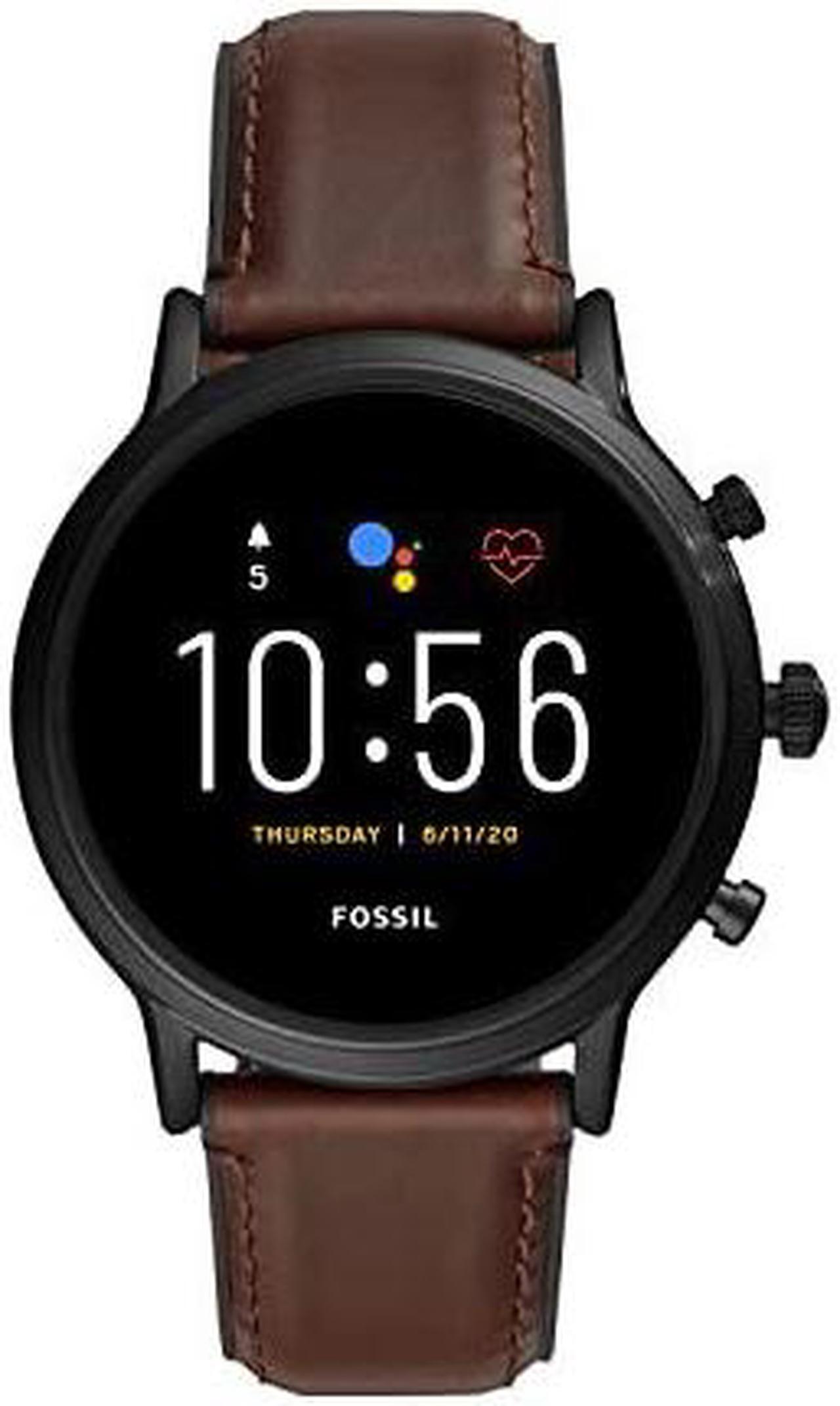 Alt view image 8 of 8 - Fossil Unisex 44MM Gen 5 Carlyle HR Heart Rate Stainless Steel and Leather Touchscreen Smart Watch, Color: Black/Brown (Model: FTW4026)