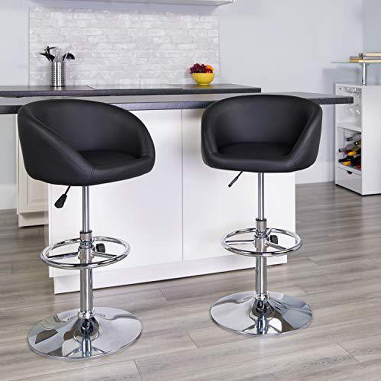Alt view image 12 of 19 - Contemporary Black Vinyl Adjustable Height Barstool with Barrel Back and Chrome Base