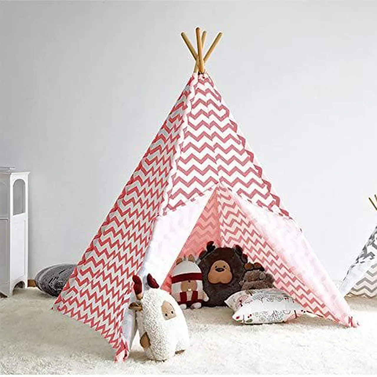 Alt view image 2 of 6 - Modern Home Childrens Indoor Teepee Play Tent  Brown with White Polka Dots, Foldable Canvas Tent with Wooden Poles for Kids' Room or Play Area (Pink Chevron)