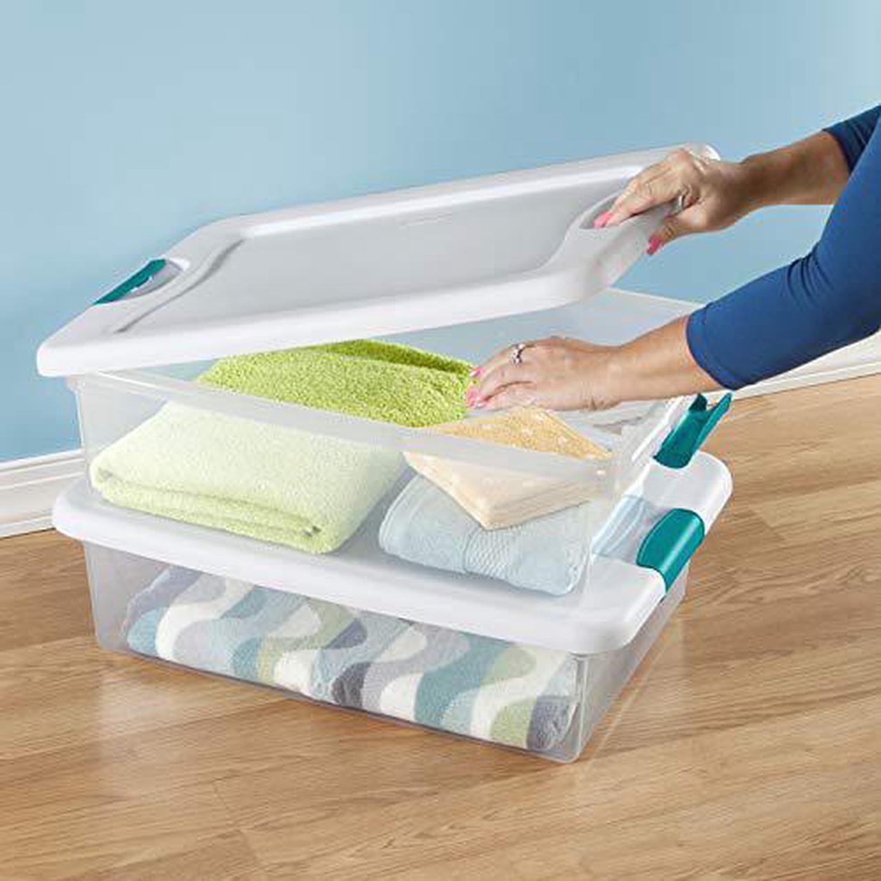 Alt view image 8 of 10 - Sterilite 1496 32-Quart Clear & Blue Stackable Latching Storage Box Container