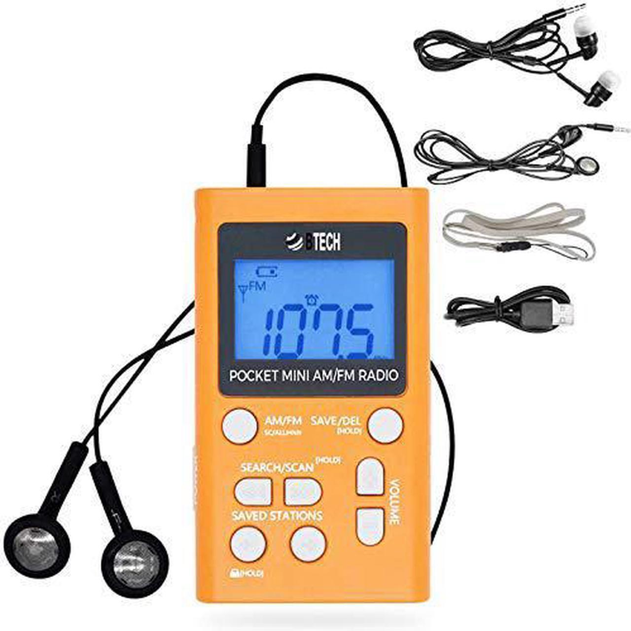 Main image of BTECH MPR-AF1 AM FM Personal Radio with Two Types of Stereo Headphones, Clock, Great Reception and Long Battery Life, Mini Pocket Walkman Radio with Headphones (Orange)