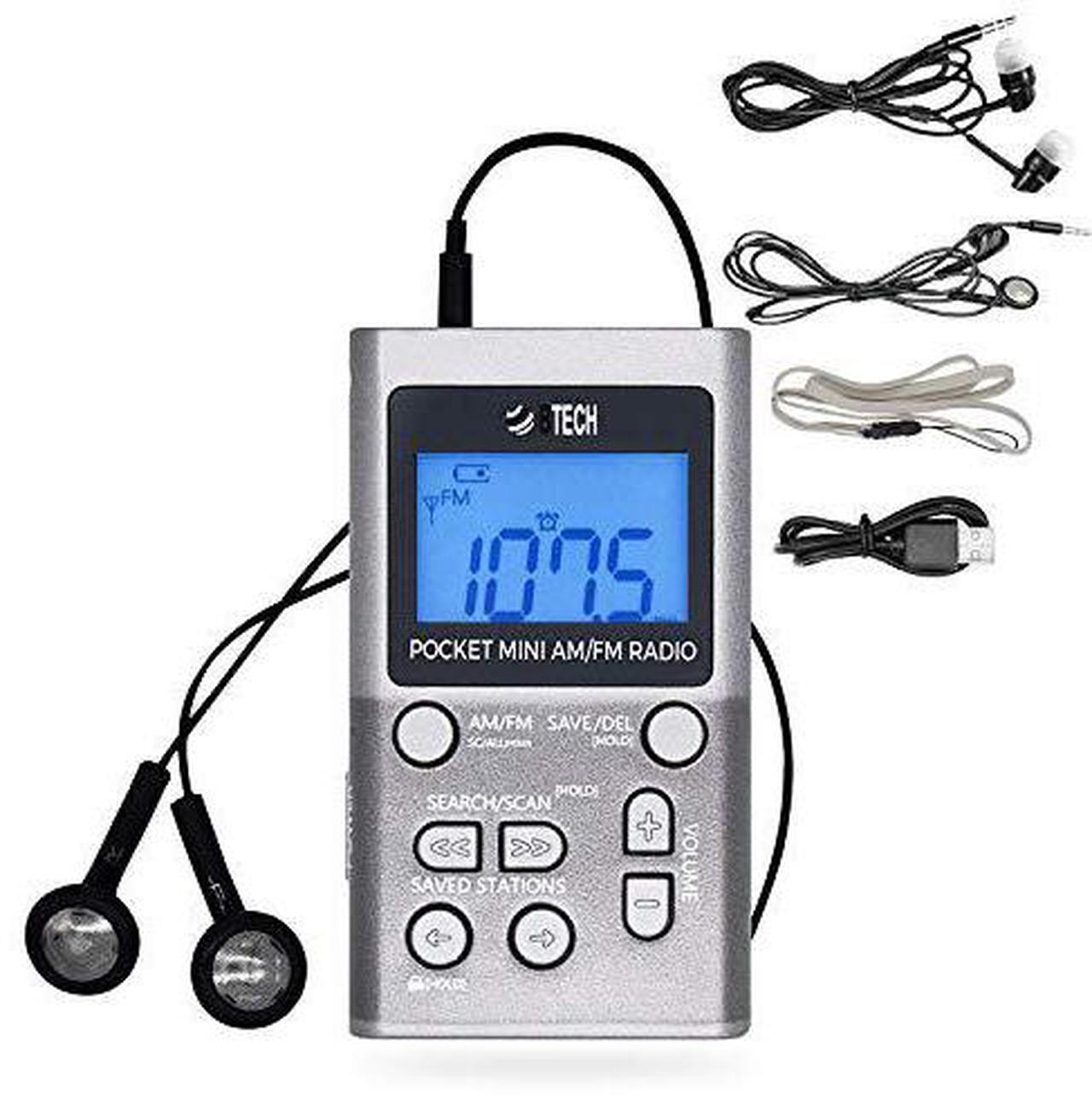 Main image of BTECH MPR-AF1 AM FM Personal Radio with Two Types of Stereo Headphones, Clock, Great Reception and Long Battery Life, Mini Pocket Walkman Radio with Headphones (Silver)
