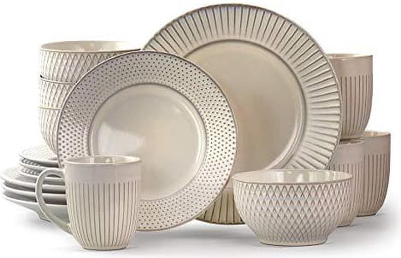 Main image of Elama Market Finds 16 Piece Round Stoneware Dinnerware Set in Embossed White