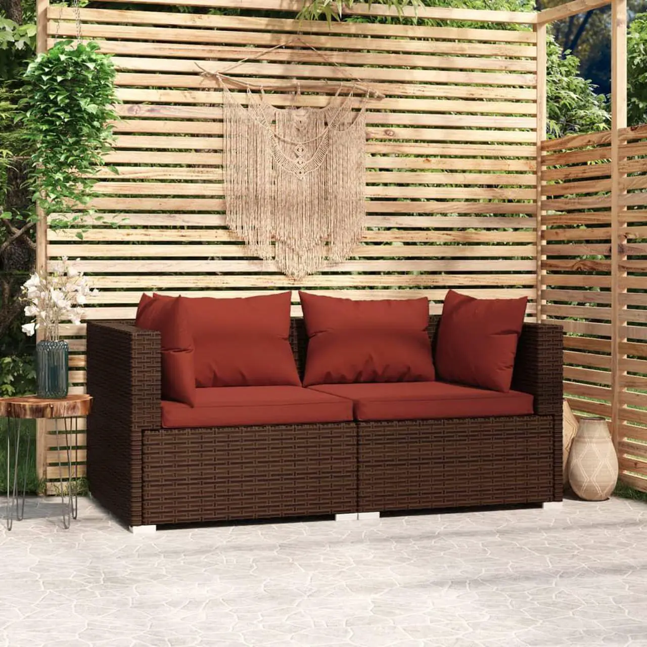 Alt view image 5 of 8 - vidaXL 2-Seater Sofa with Cushions Brown Poly Rattan